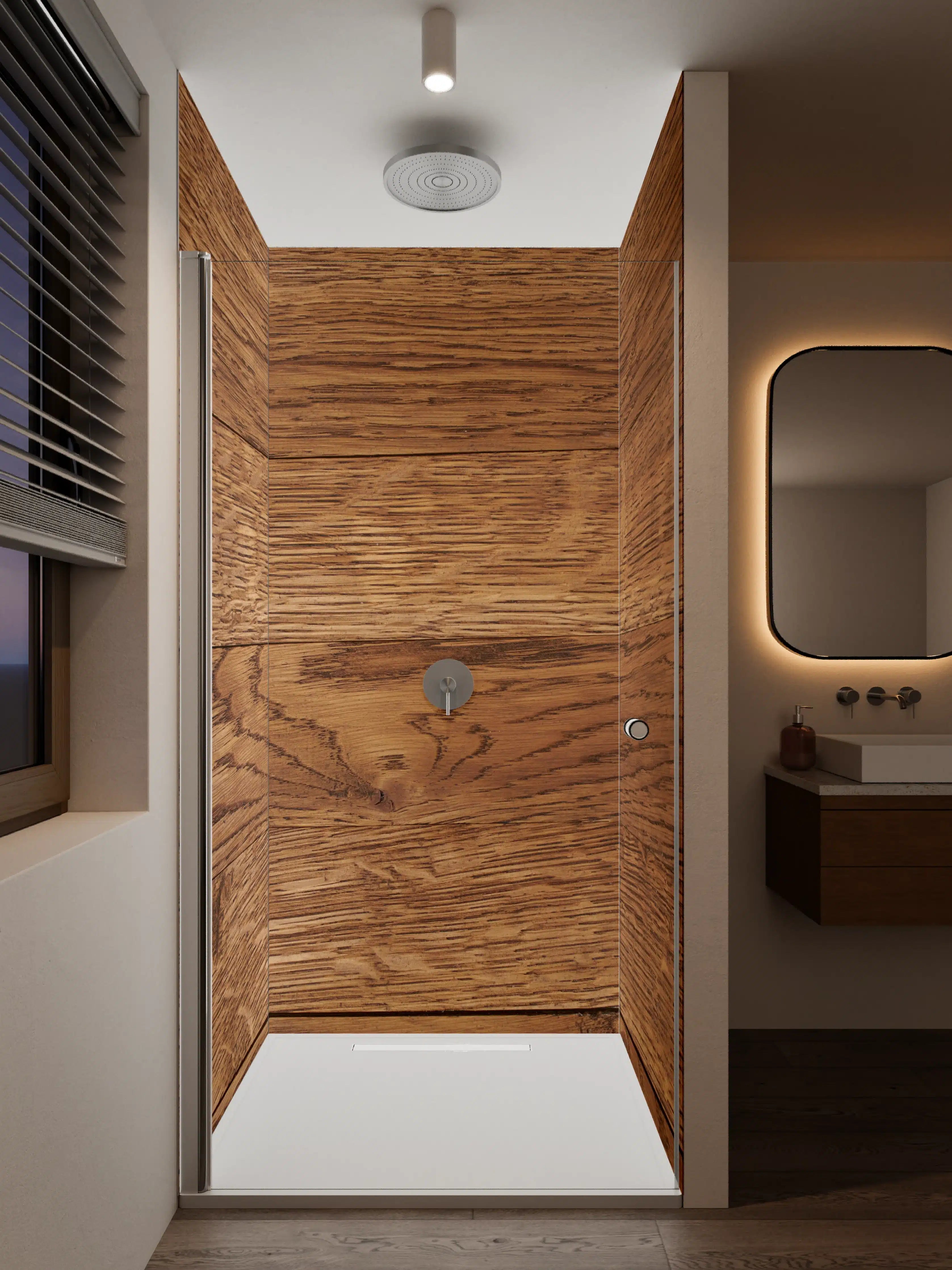 Duschrückwand - Warmer Holzfußboden mit lebendiger Maserung