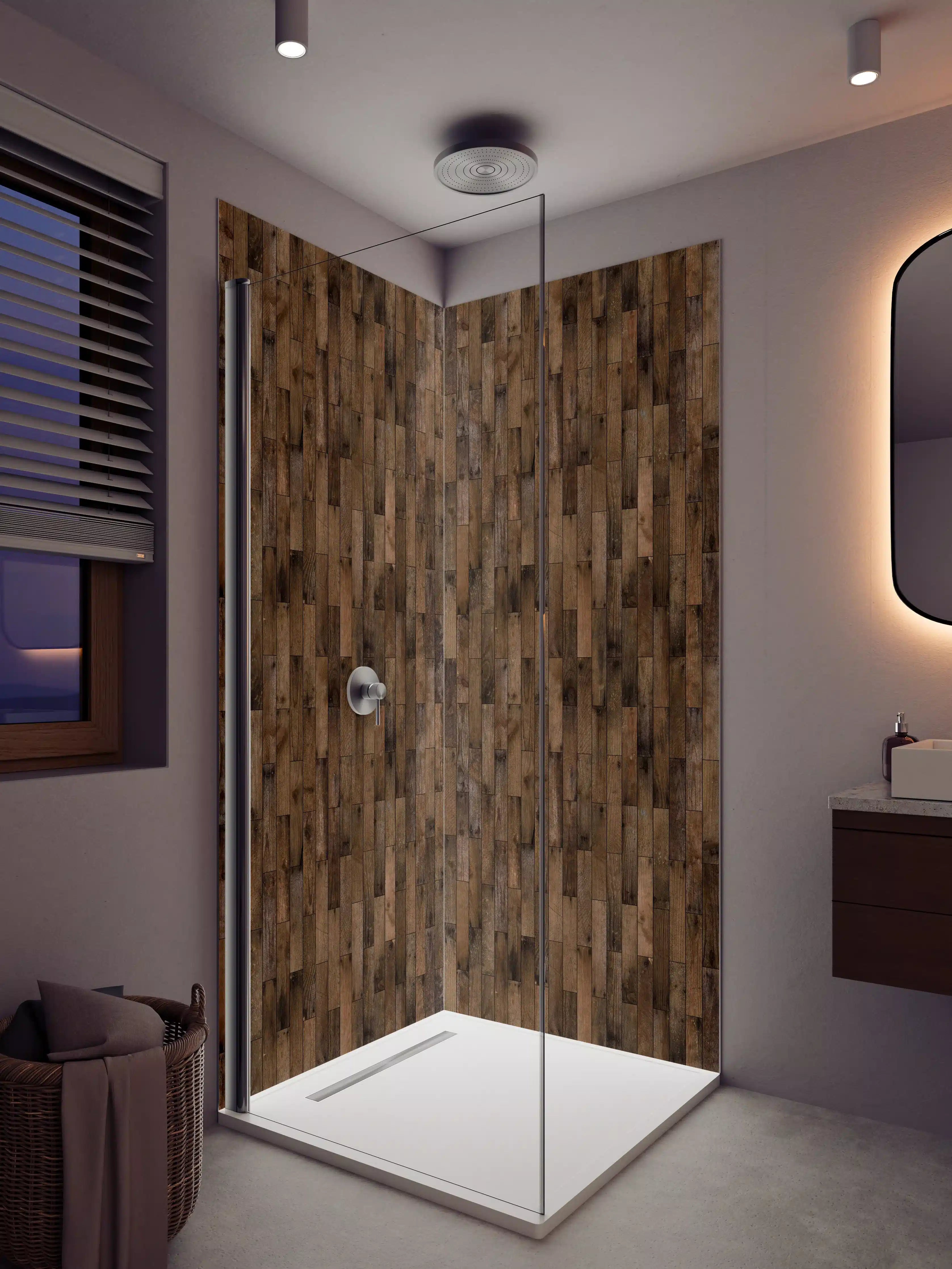 Duschrückwand - Warmer Holzparkett mit dunkler Maserung