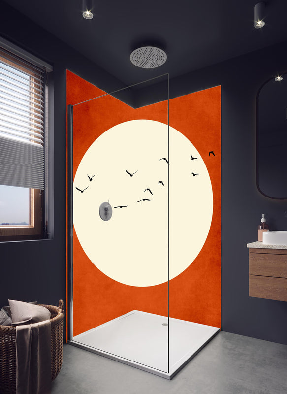 Duschrückwand - Warmer Mond - Grafik in hellem Badezimmer mit Regenduschkopf  - zweiteilige Eck-Duschrückwand