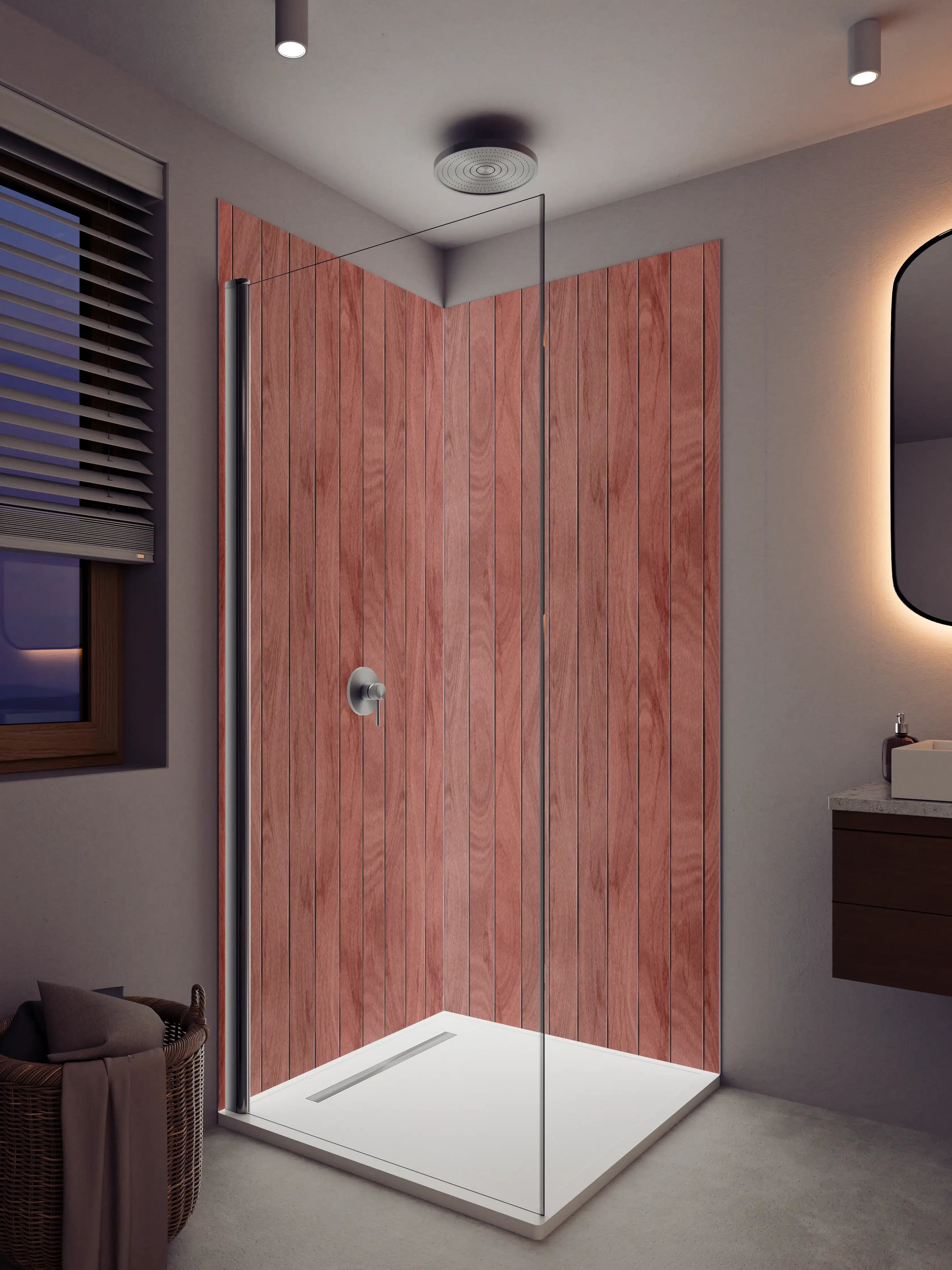 Duschrückwand - Warmes Holz-Design mit rotem Ton