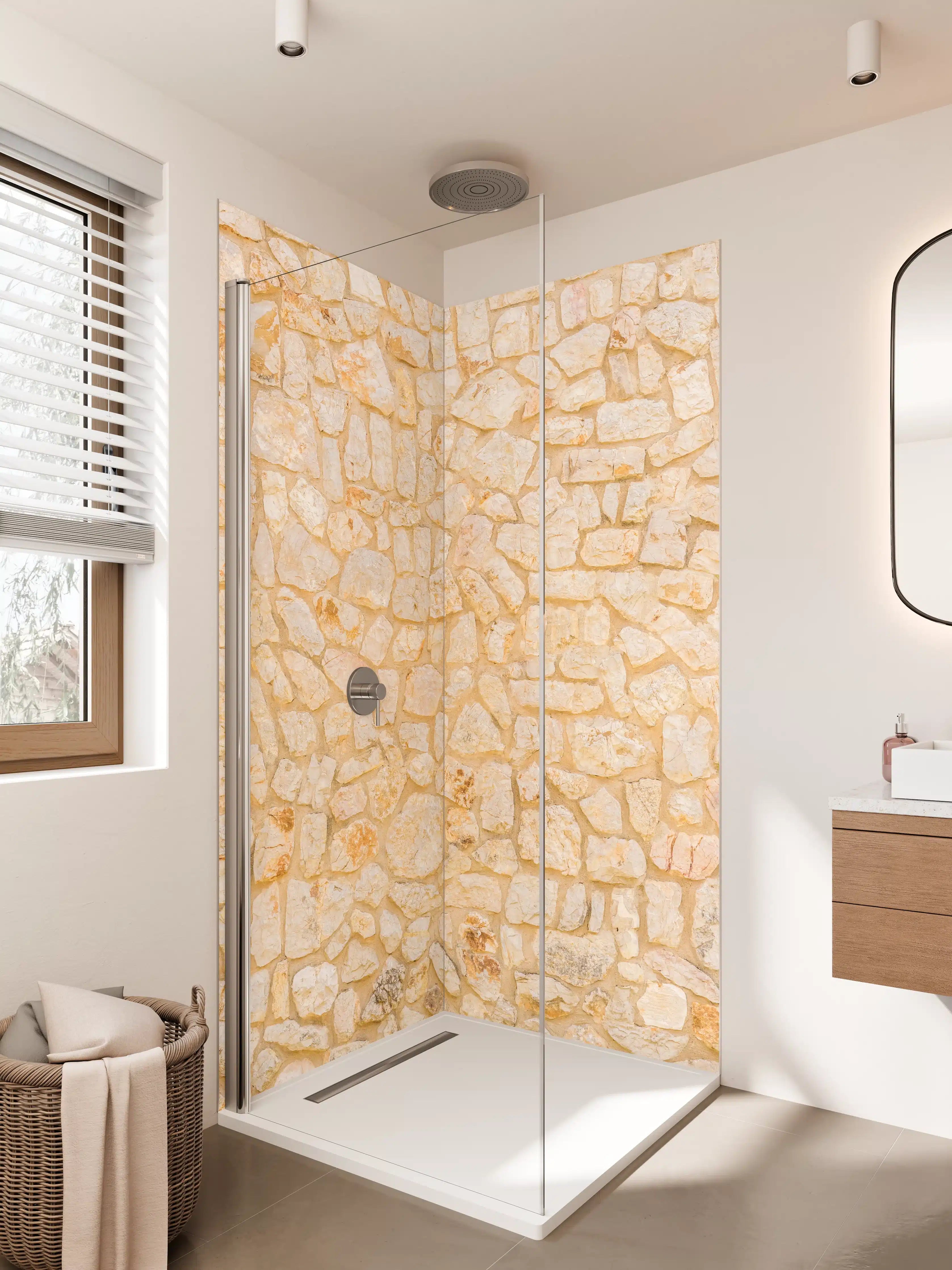 Duschrückwand - Warmes Sandstein-Mauerwerk in Beige