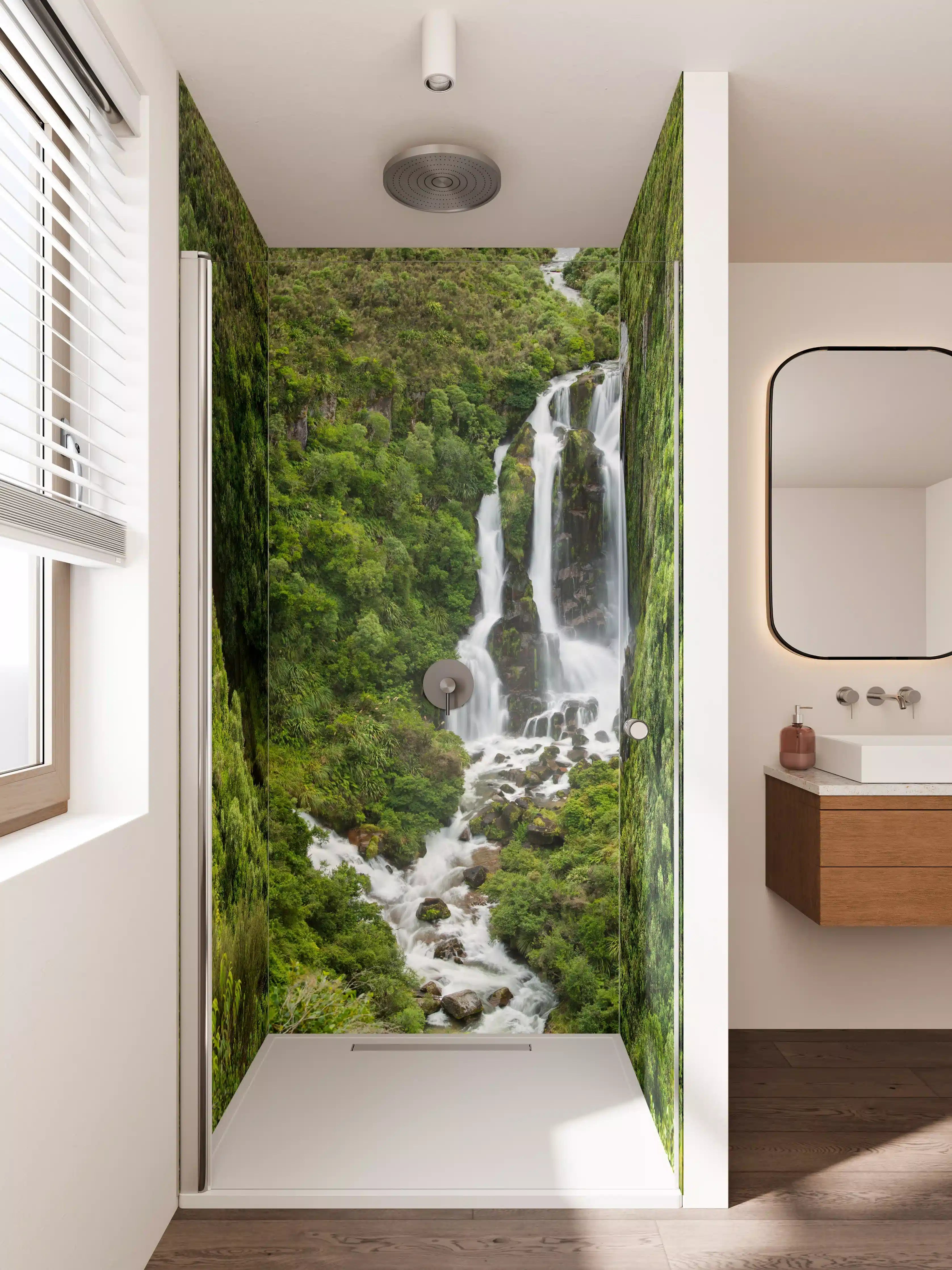 Duschrückwand - Wasserfall in grünem Tal