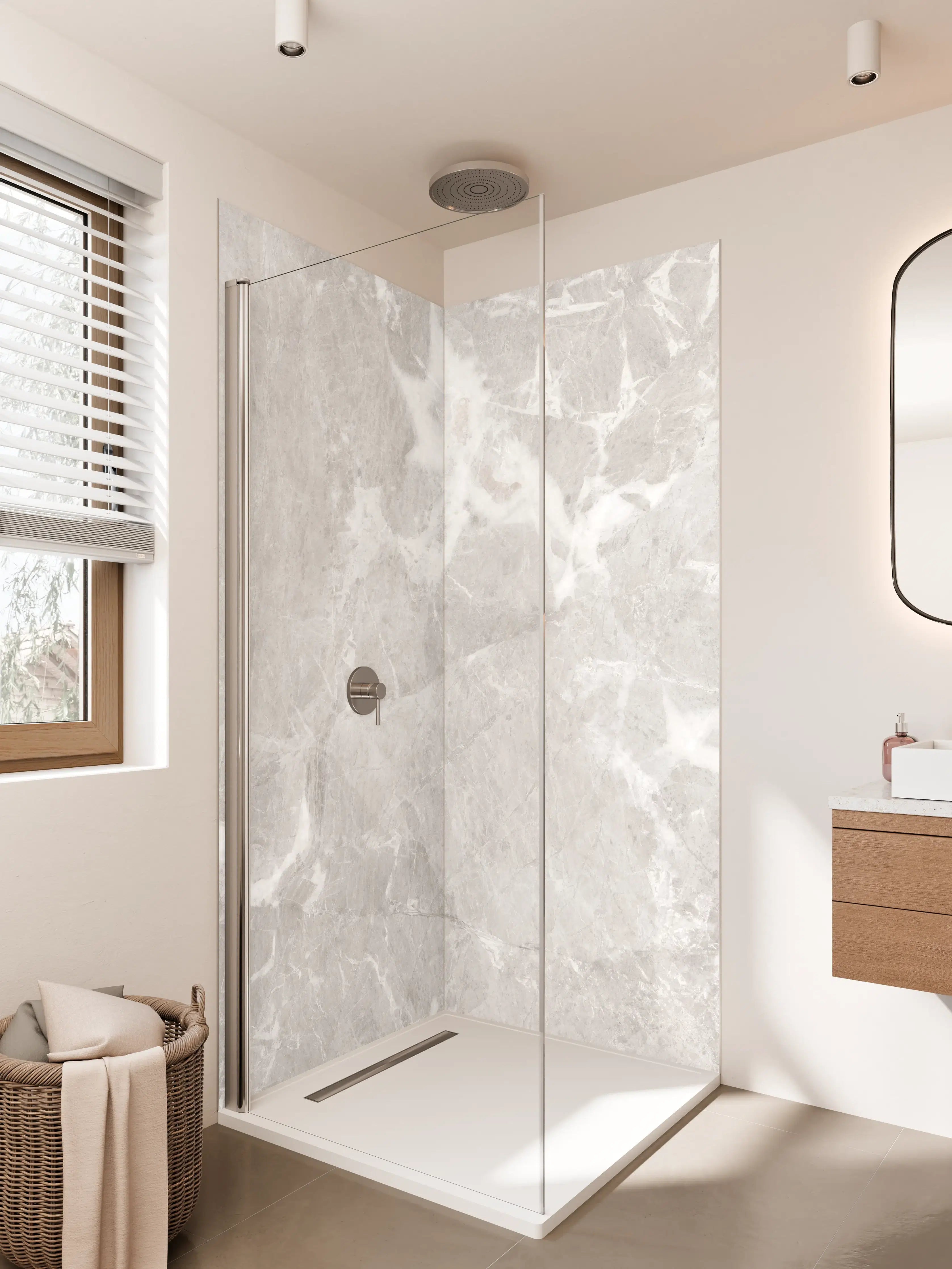 Duschrückwand - Weiß-Grau-Marmor-Textur mit feiner Struktur