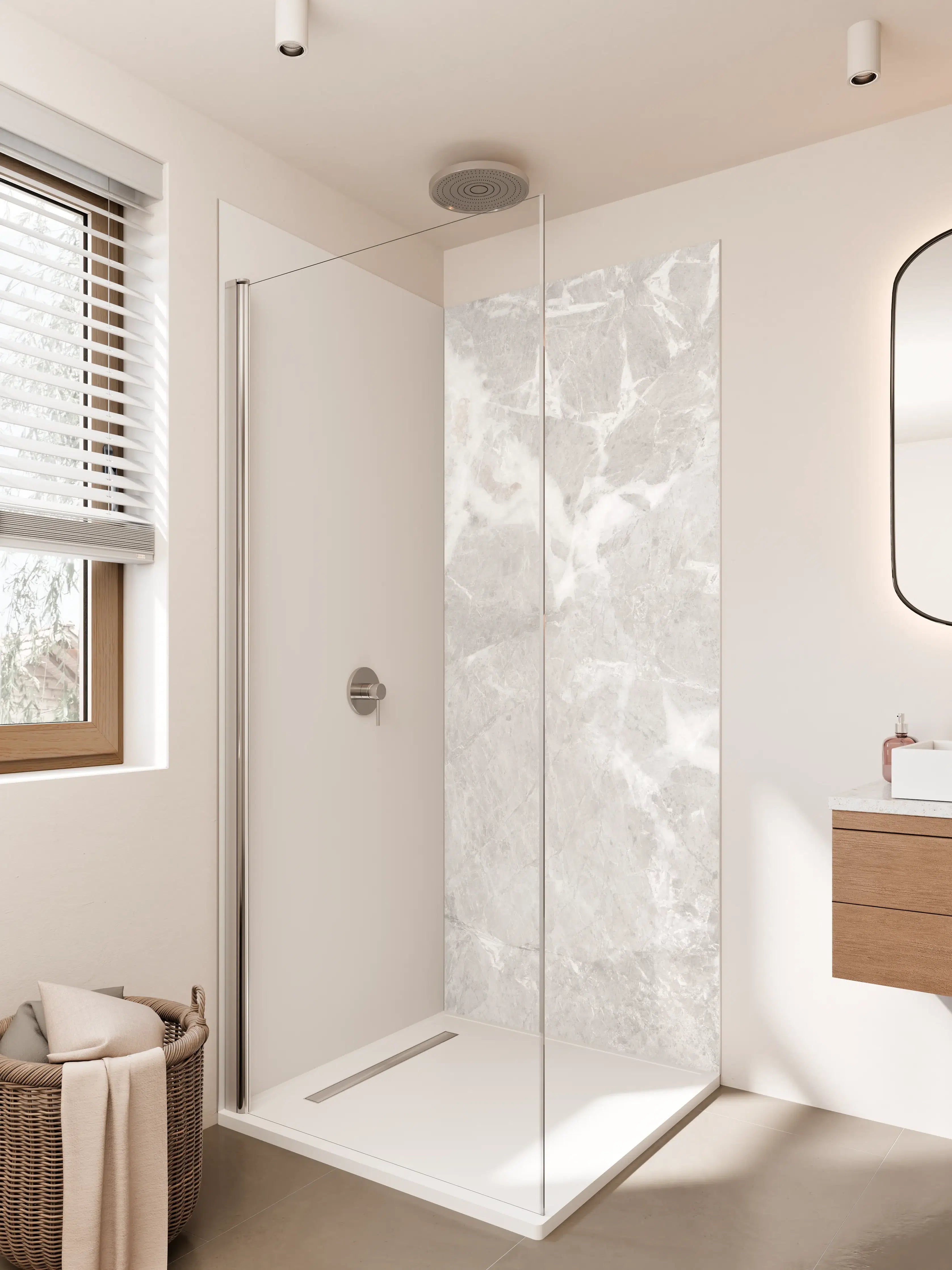 Duschrückwand - Weiß-Grau-Marmor-Textur mit feiner Struktur