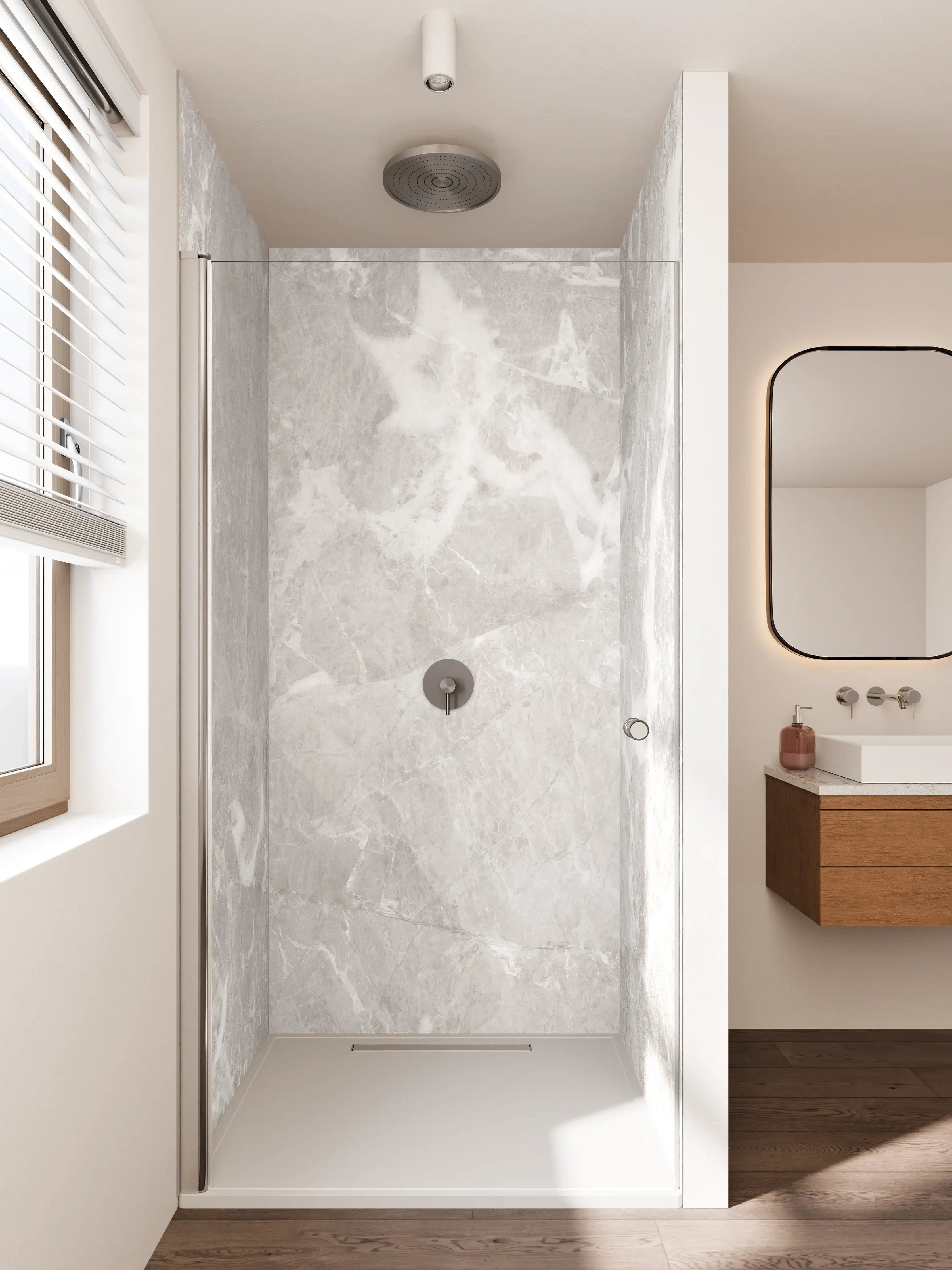 Duschrückwand - Weiß-Grau-Marmor-Textur mit feiner Struktur