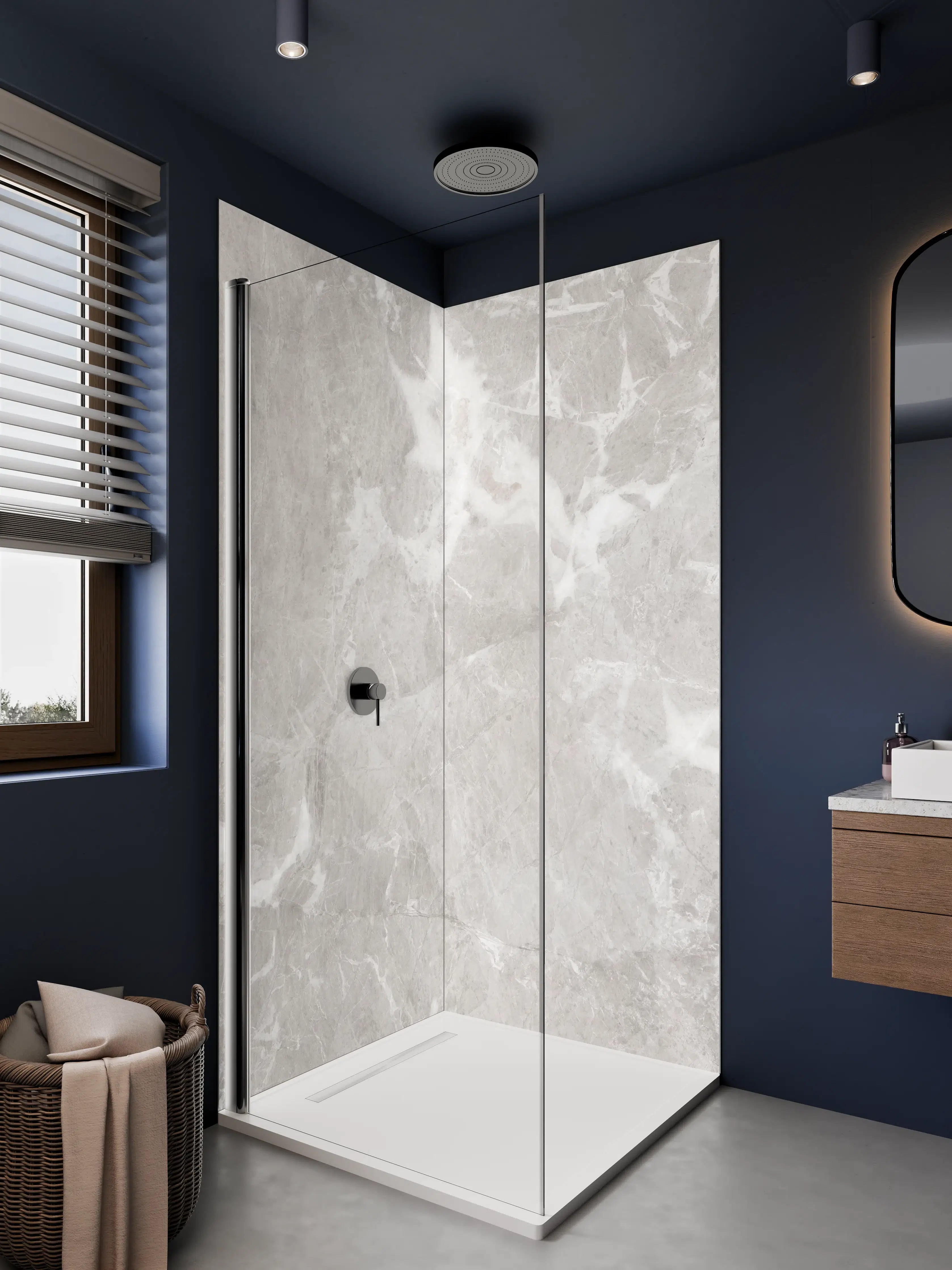 Duschrückwand - Weiß-Grau-Marmor-Textur mit feiner Struktur