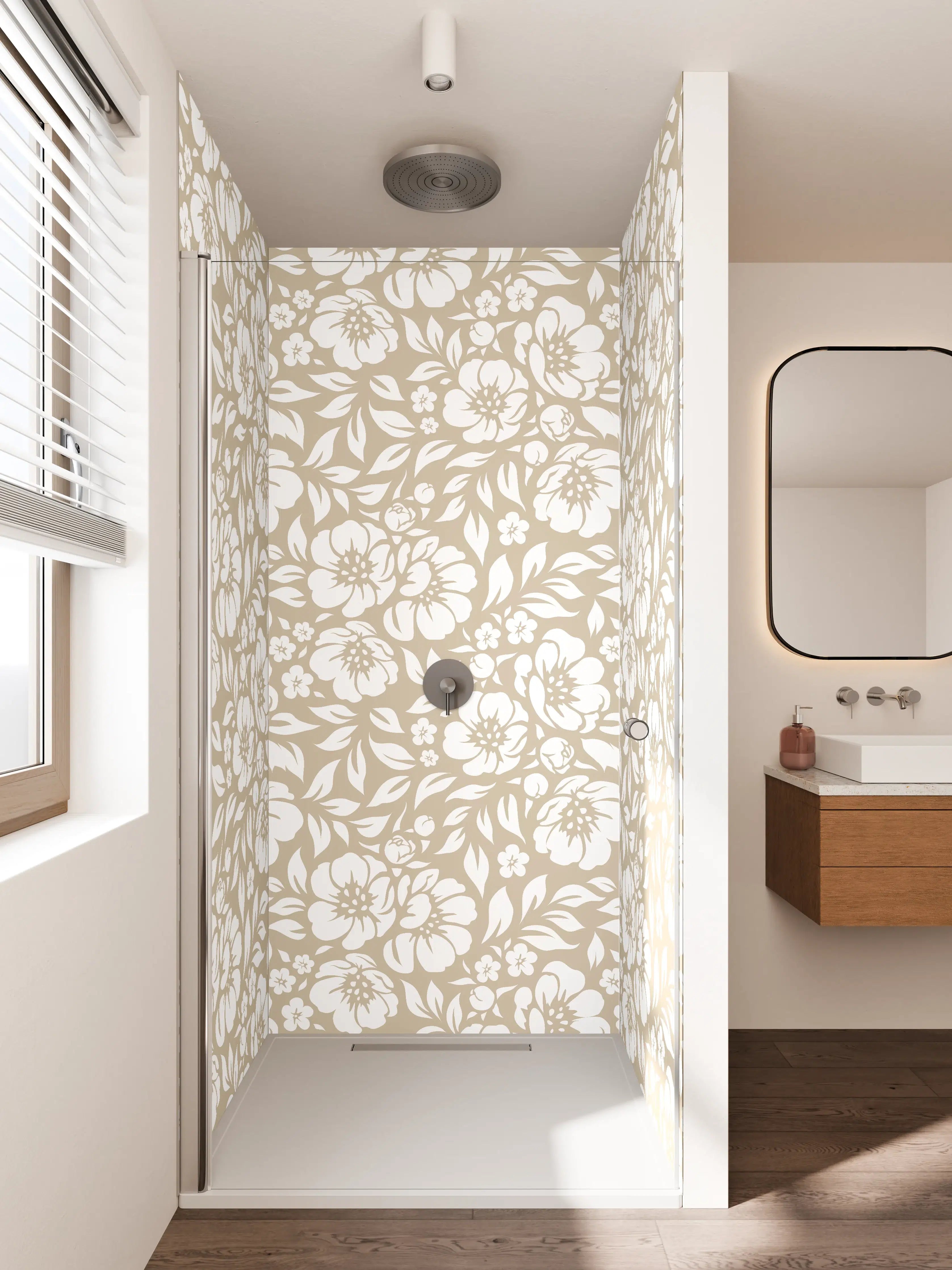 Duschrückwand - Weiße Blümchen auf Taupe-Hintergrund