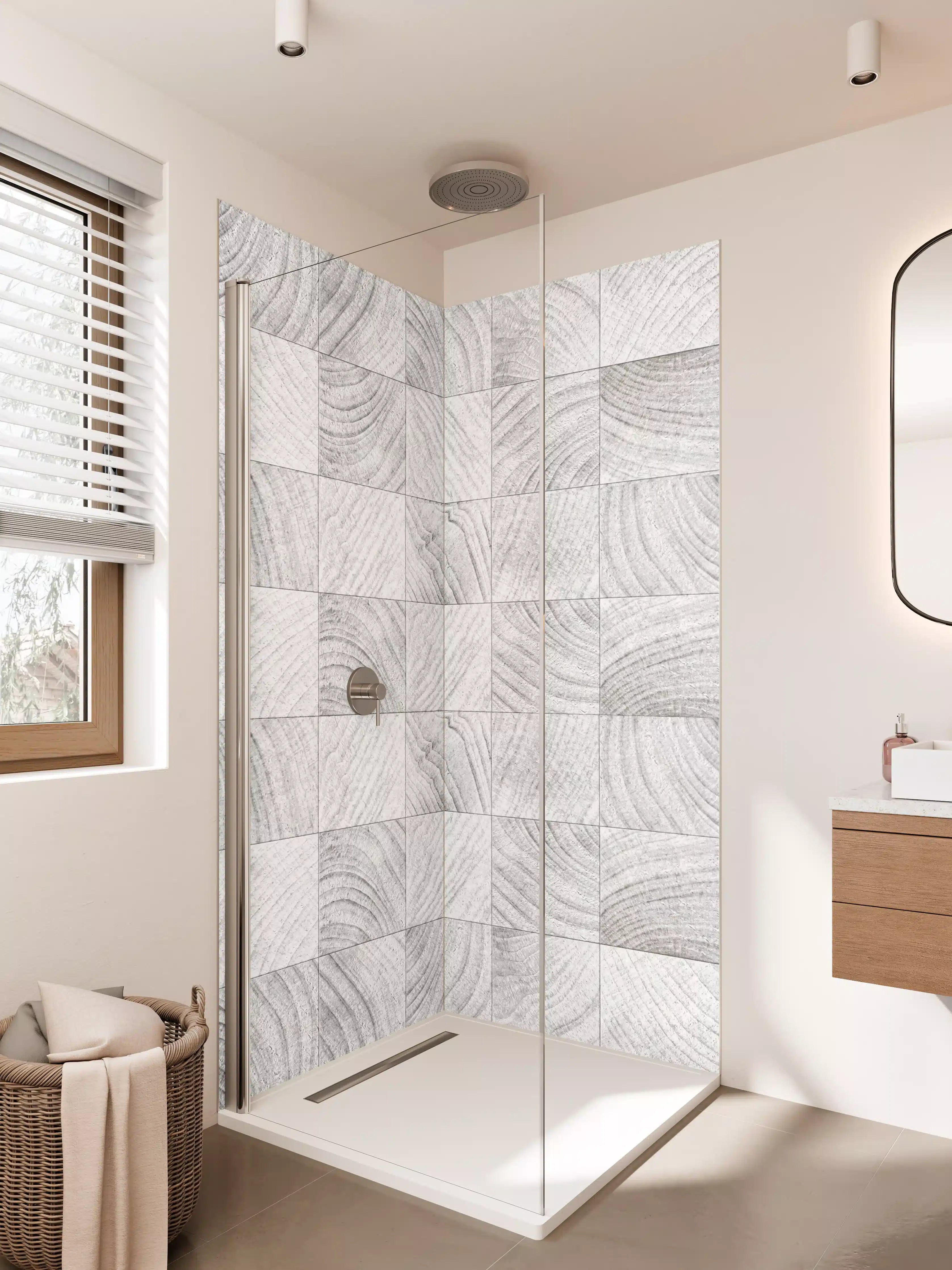 Duschrückwand - Weiße Holzmaserung mit Grautönen