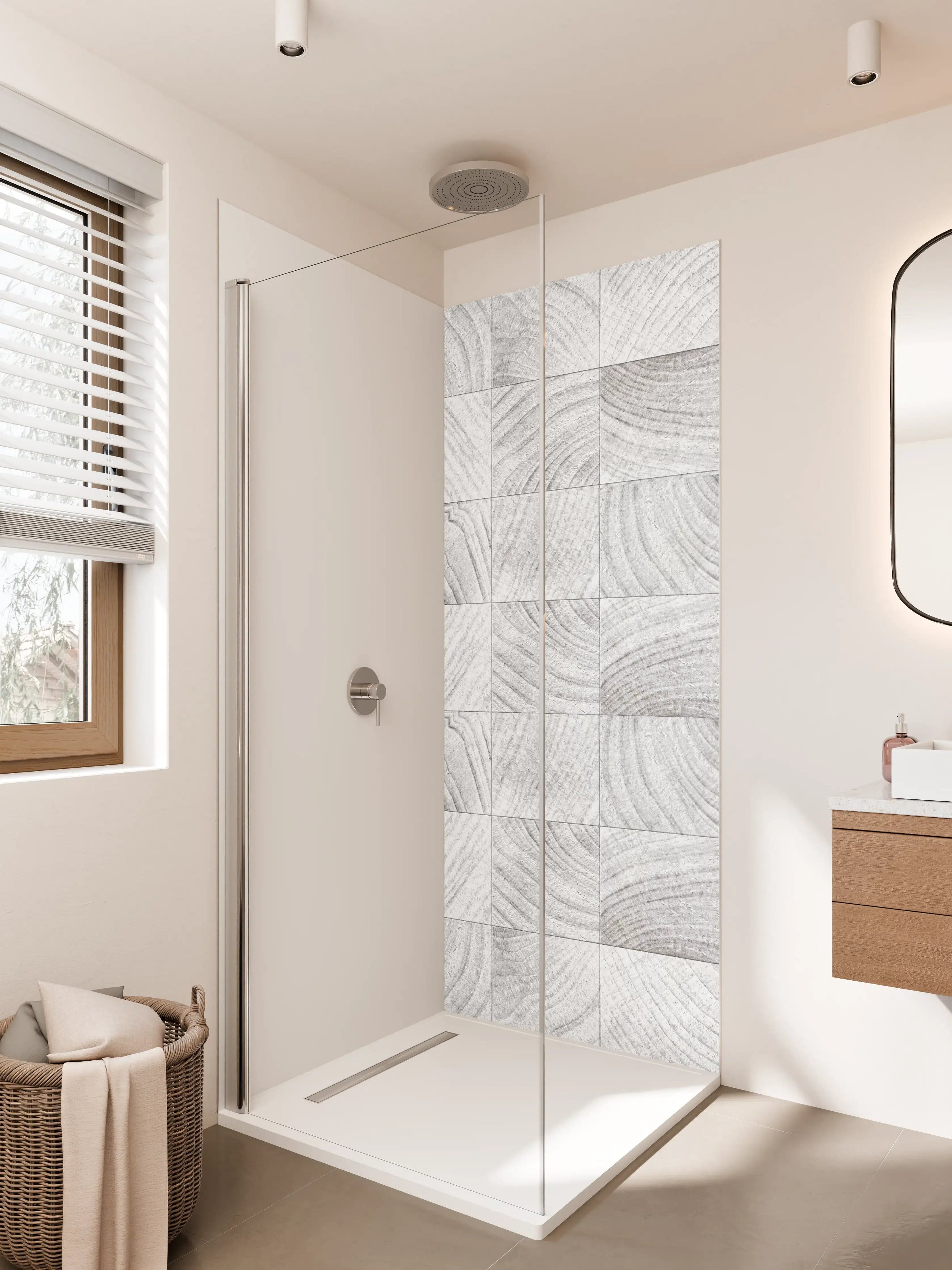 Duschrückwand - Weiße Holzmaserung mit Grautönen