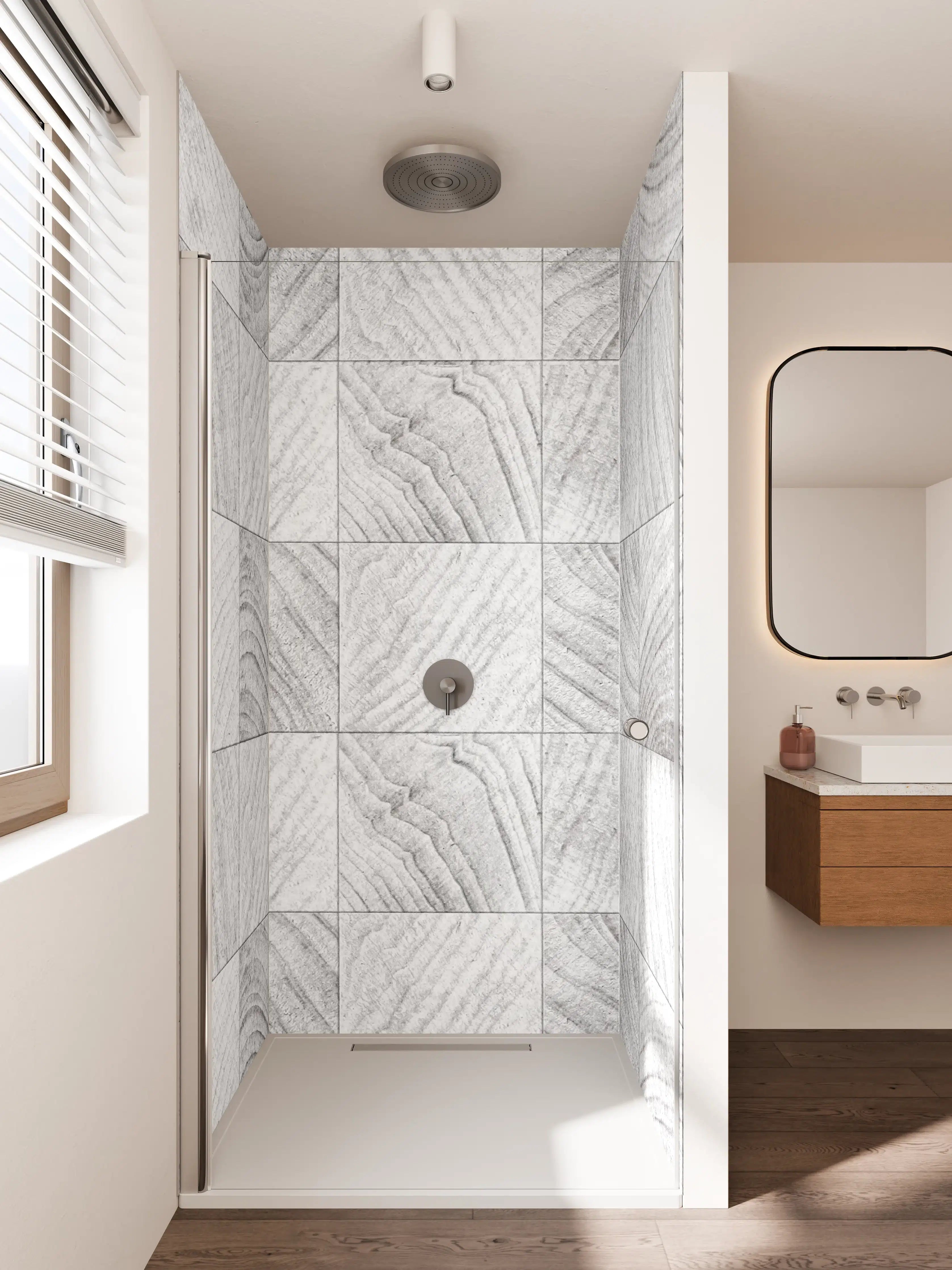 Duschrückwand - Weiße Holzmaserung mit Grautönen