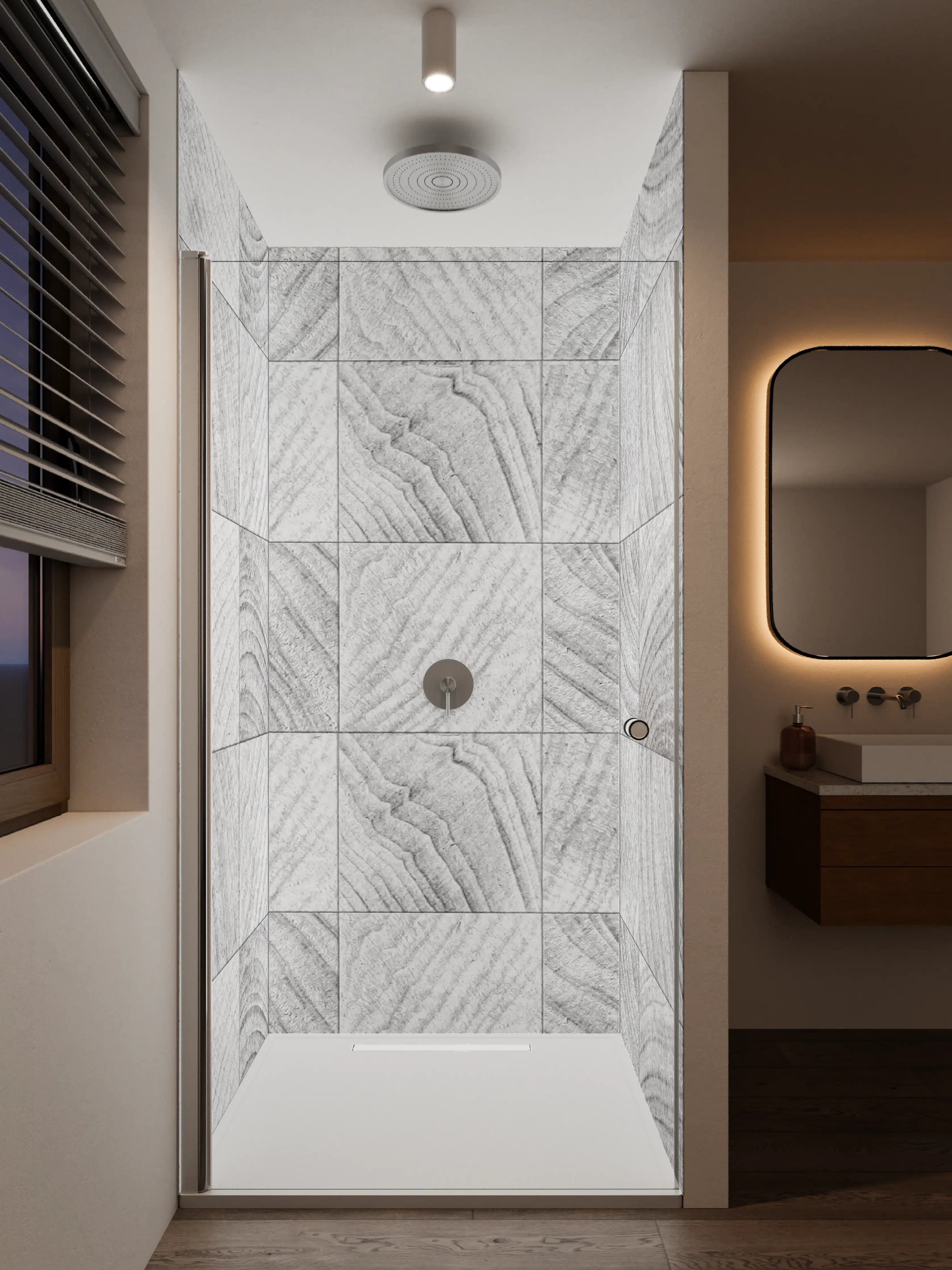 Duschrückwand - Weiße Holzmaserung mit Grautönen