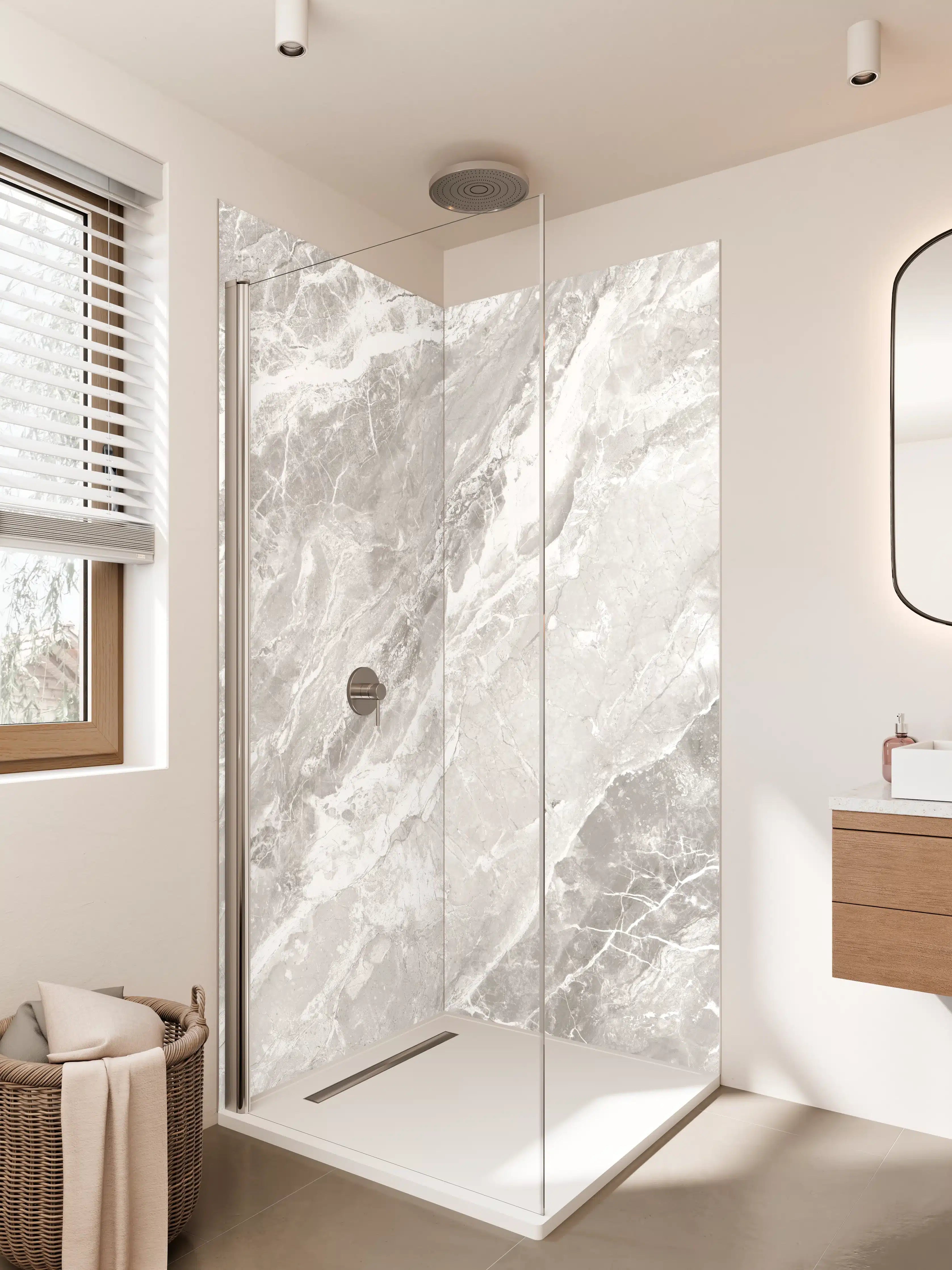 Duschrückwand - Weiße Marmor-Textur mit Graueffekten