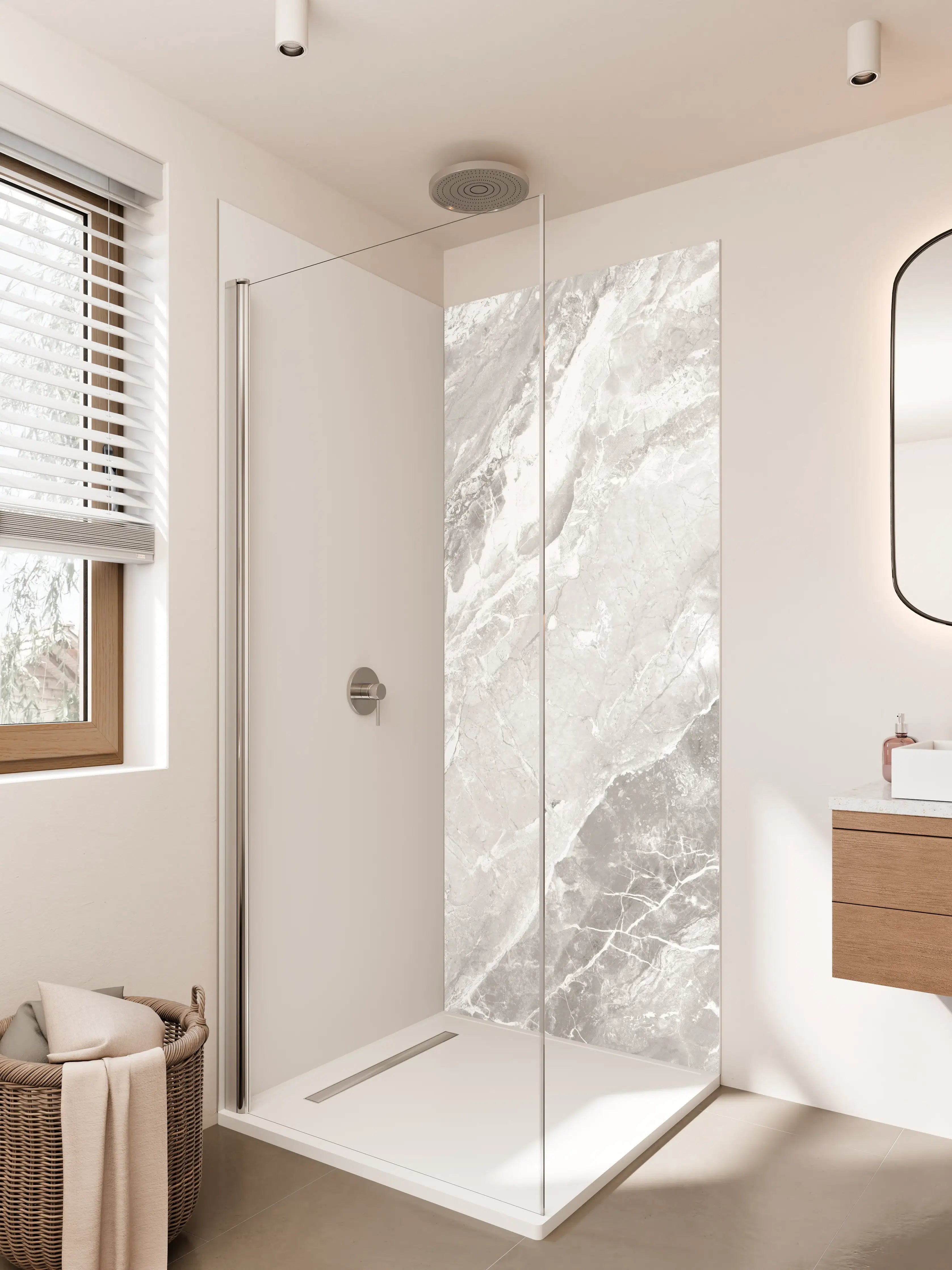 Duschrückwand - Weiße Marmor-Textur mit Graueffekten