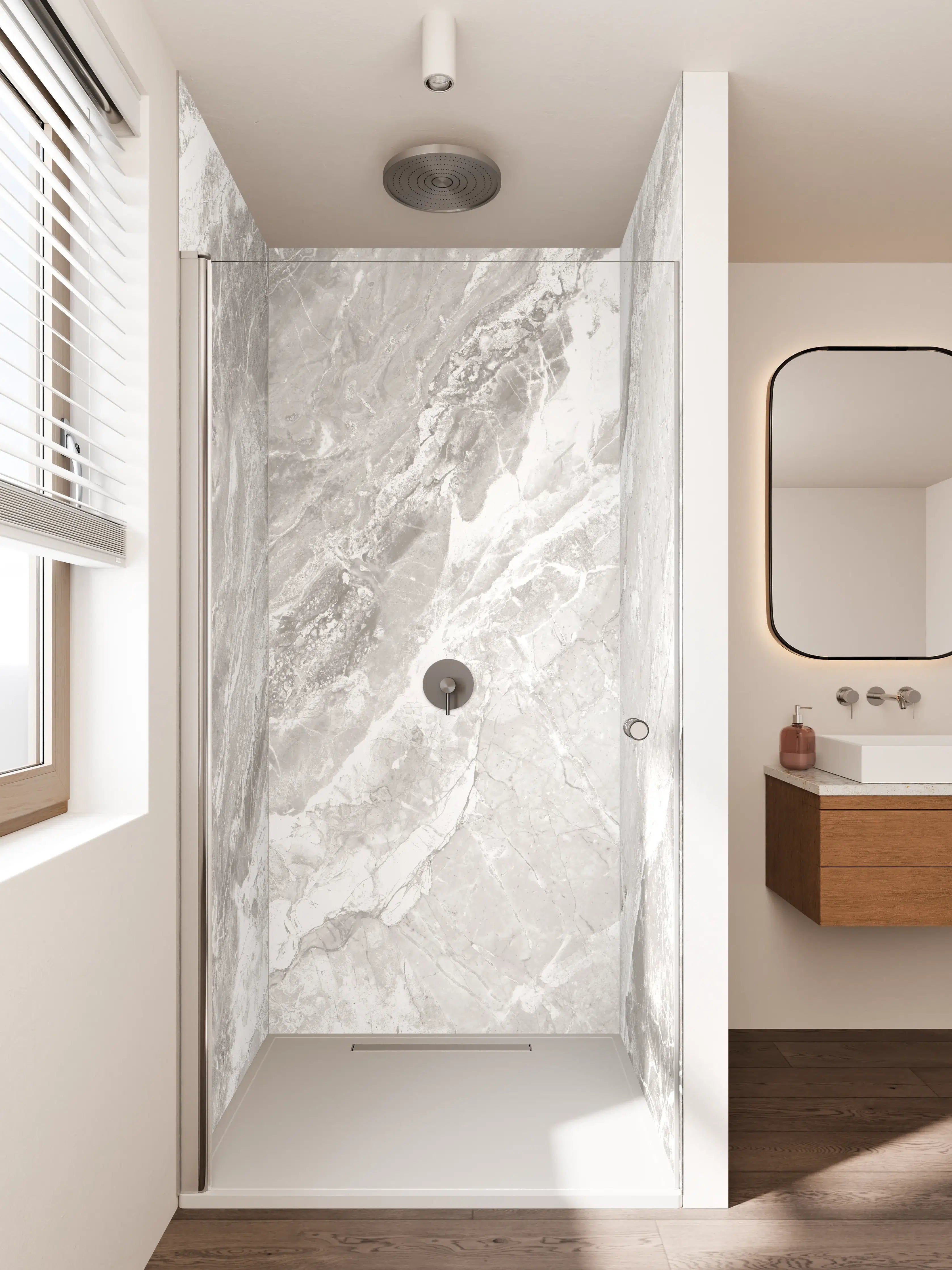 Duschrückwand - Weiße Marmor-Textur mit Graueffekten