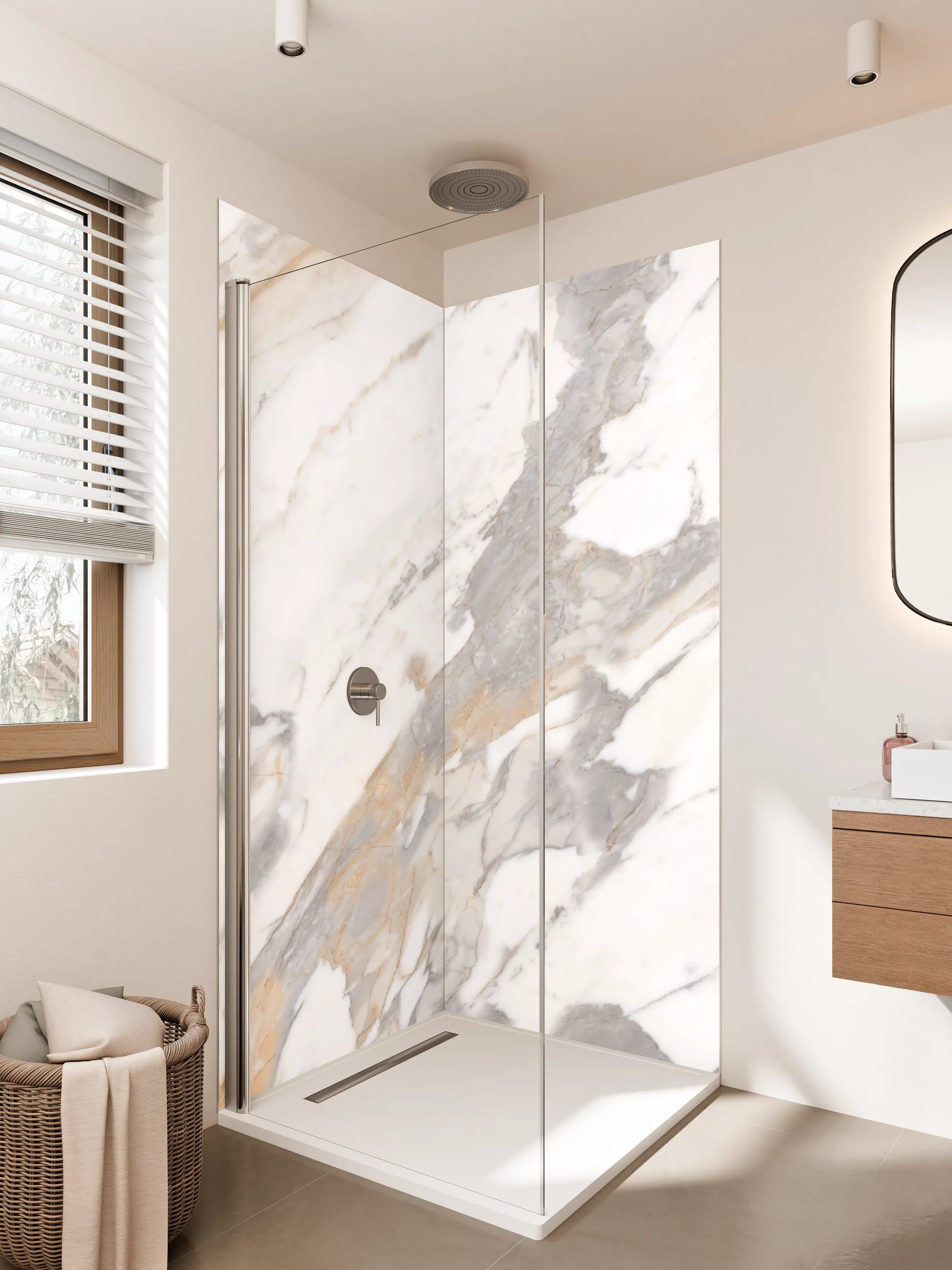 Duschrückwand - Weiße Marmor-Textur mit goldenen und grauen Akzenten