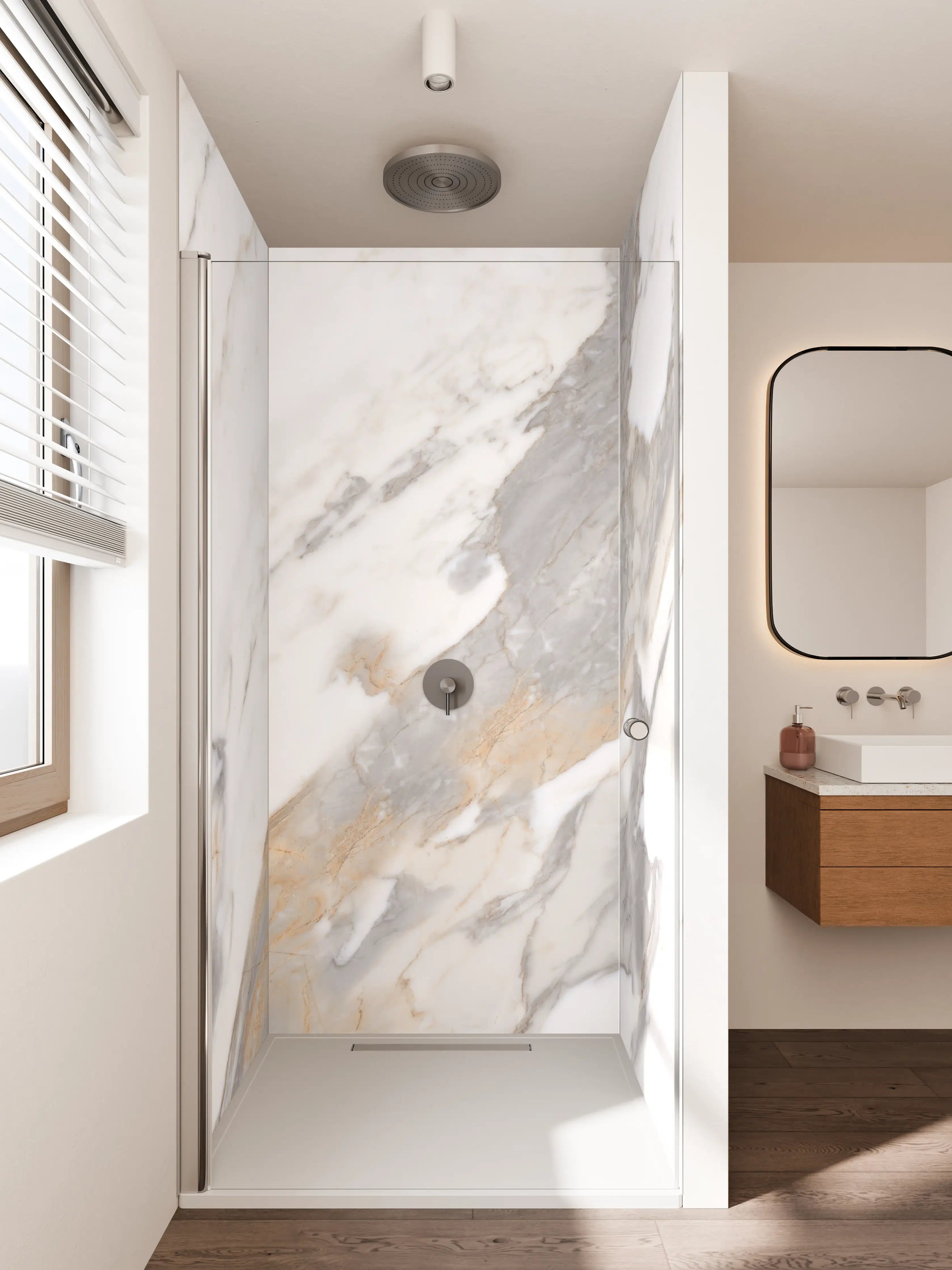 Duschrückwand - Weiße Marmor-Textur mit goldenen und grauen Akzenten