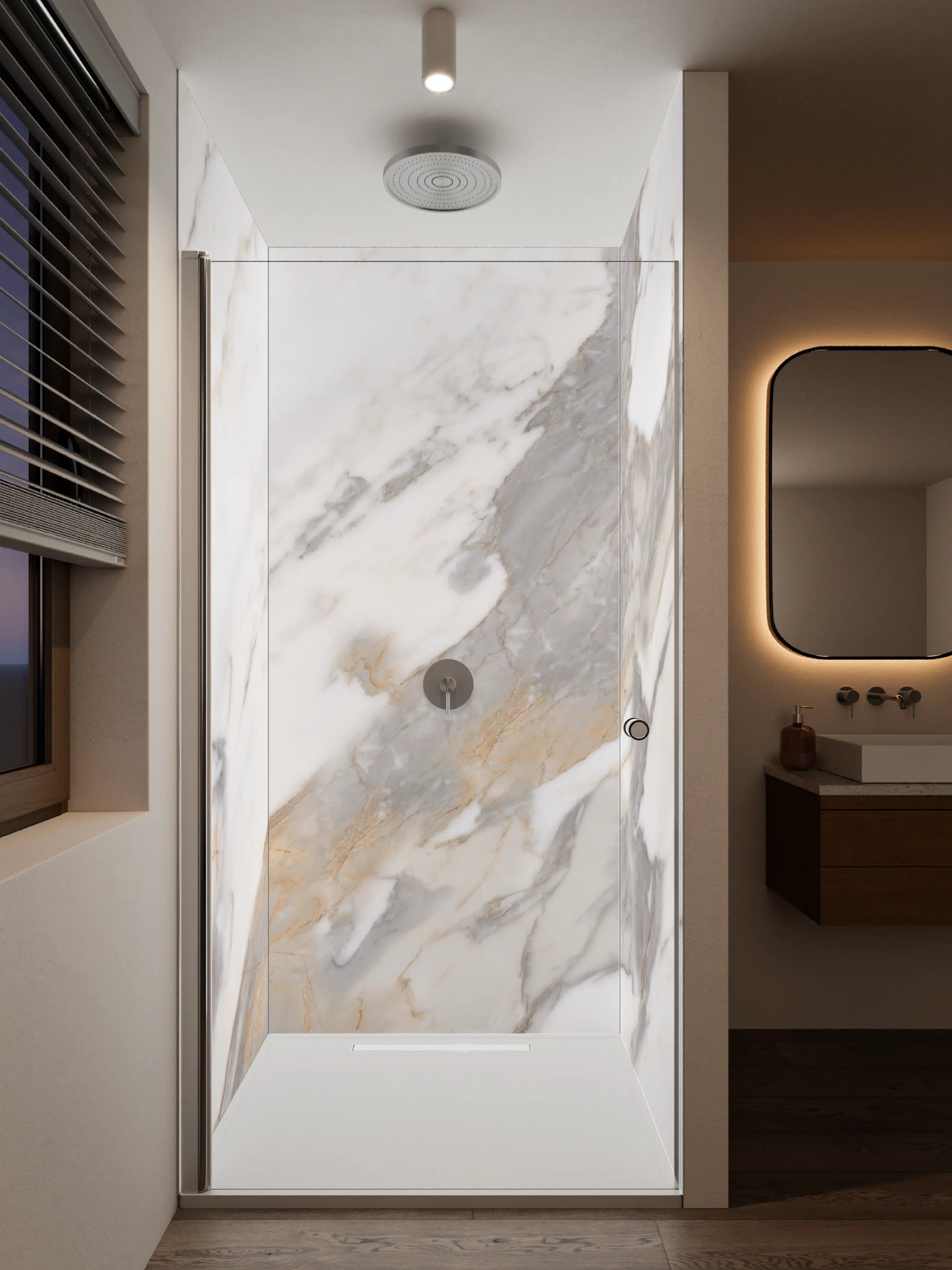 Duschrückwand - Weiße Marmor-Textur mit goldenen und grauen Akzenten