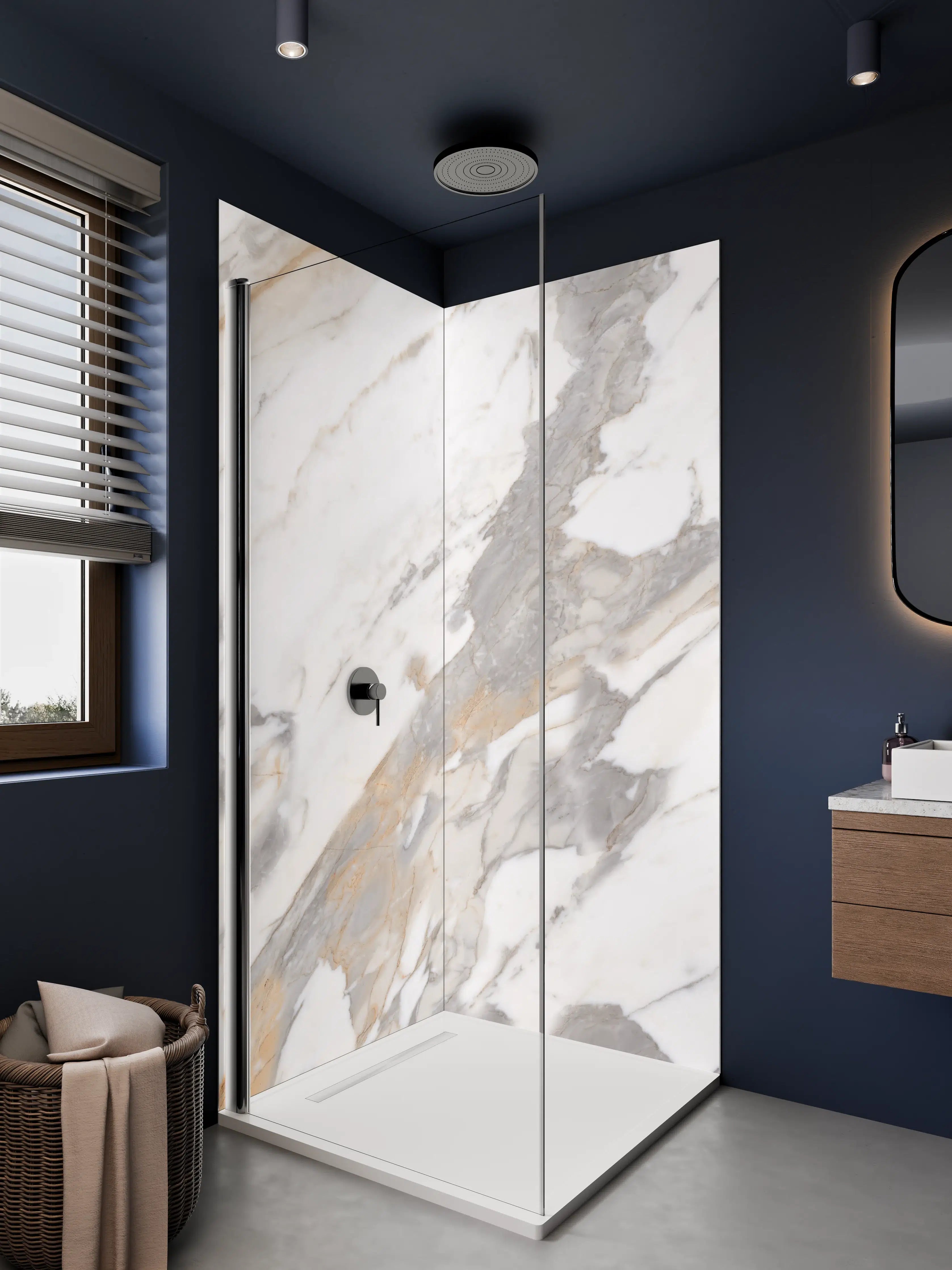 Duschrückwand - Weiße Marmor-Textur mit goldenen und grauen Akzenten