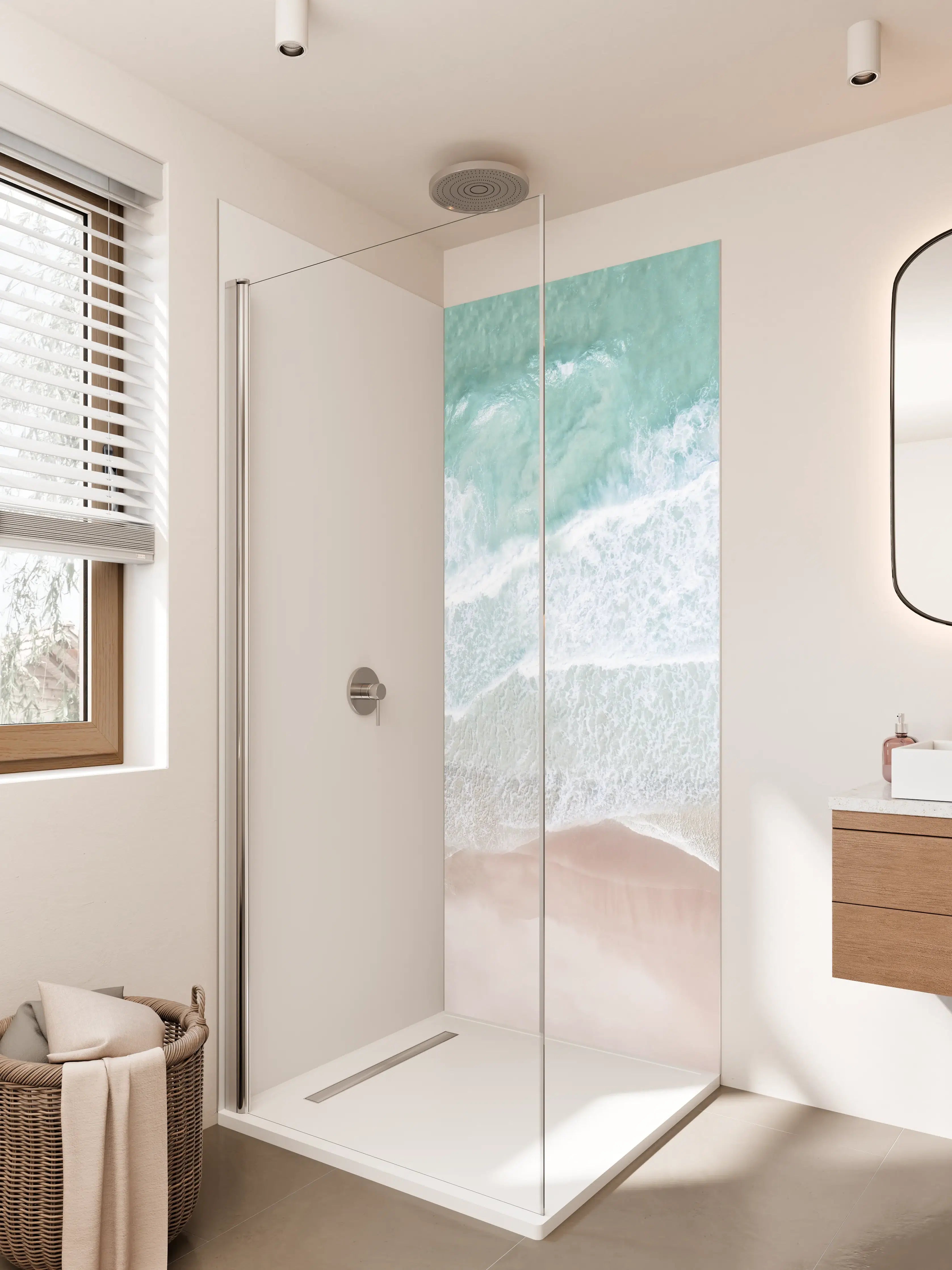 Duschrückwand - Weiße Sandküste mit türkisem Wasser