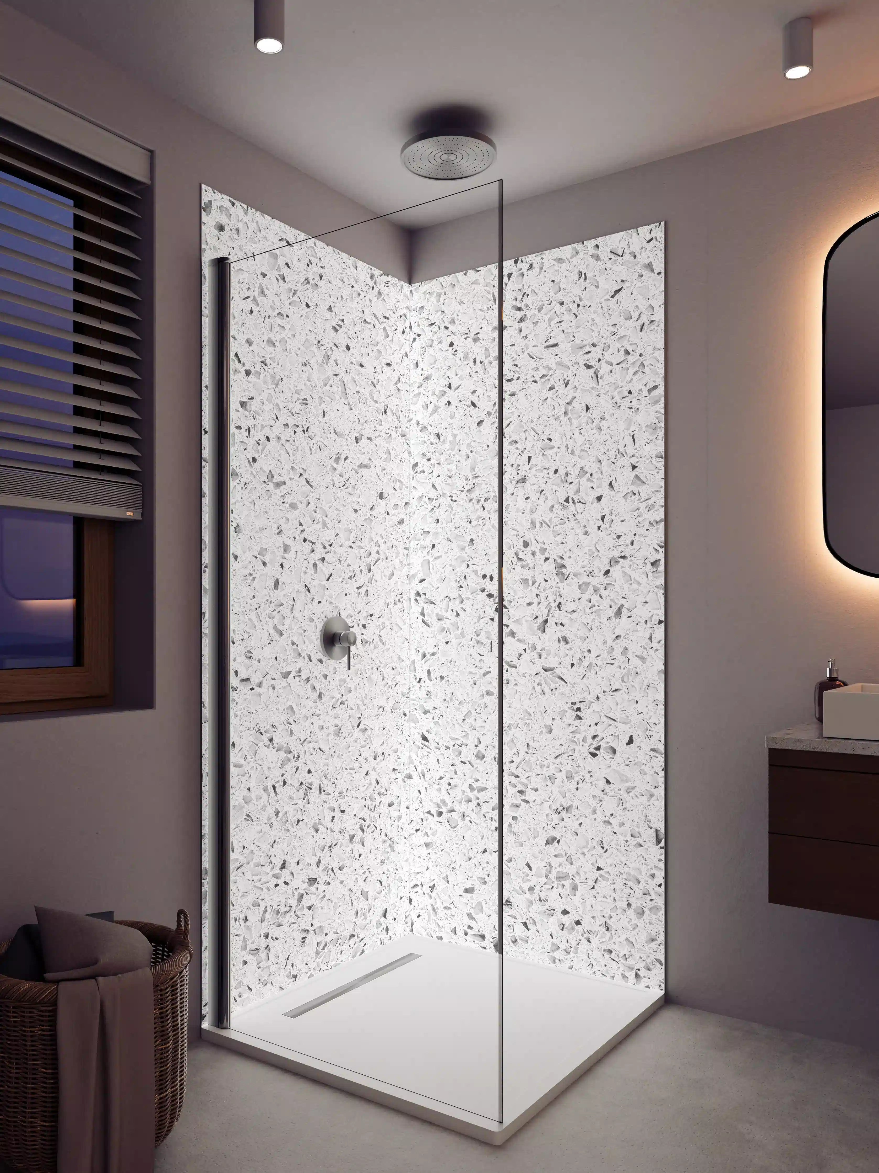 Duschrückwand - Weiße gepunktete Quarzoberfläche