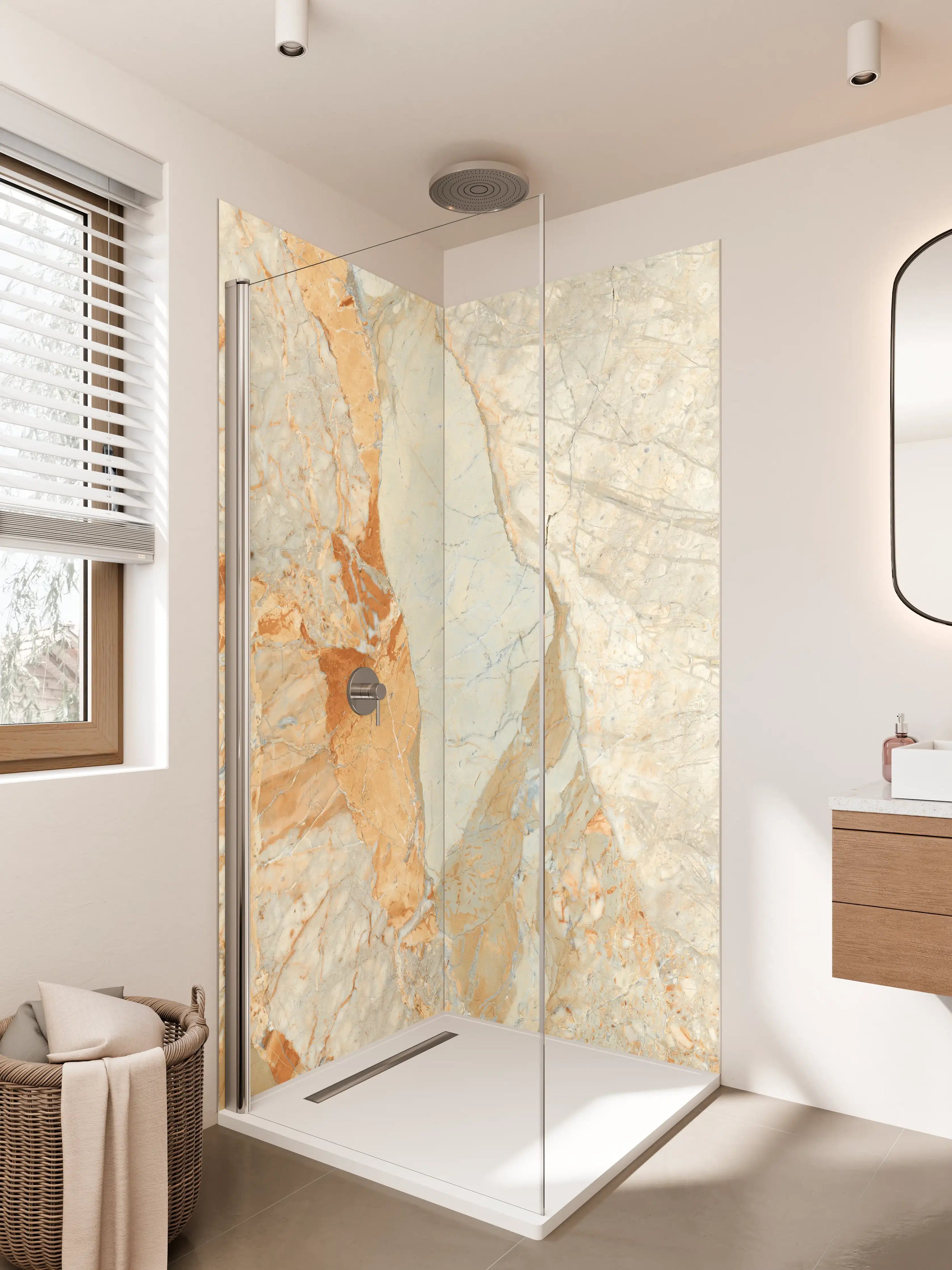 Duschrückwand - Weiße und beigetöne Marmor Optik