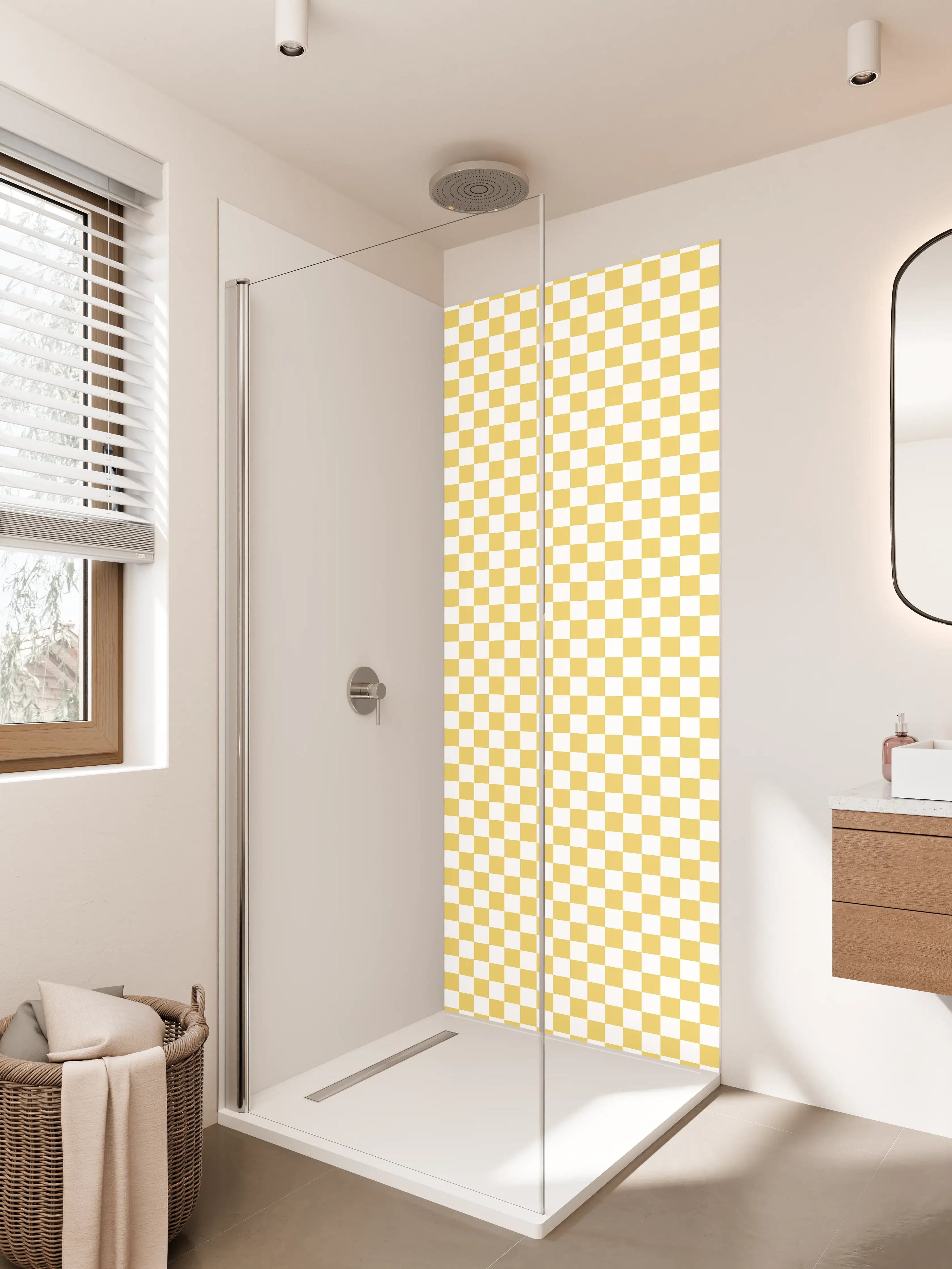 Duschrückwand - Weiße und goldene Karoscheibe mit mediterranem Flair