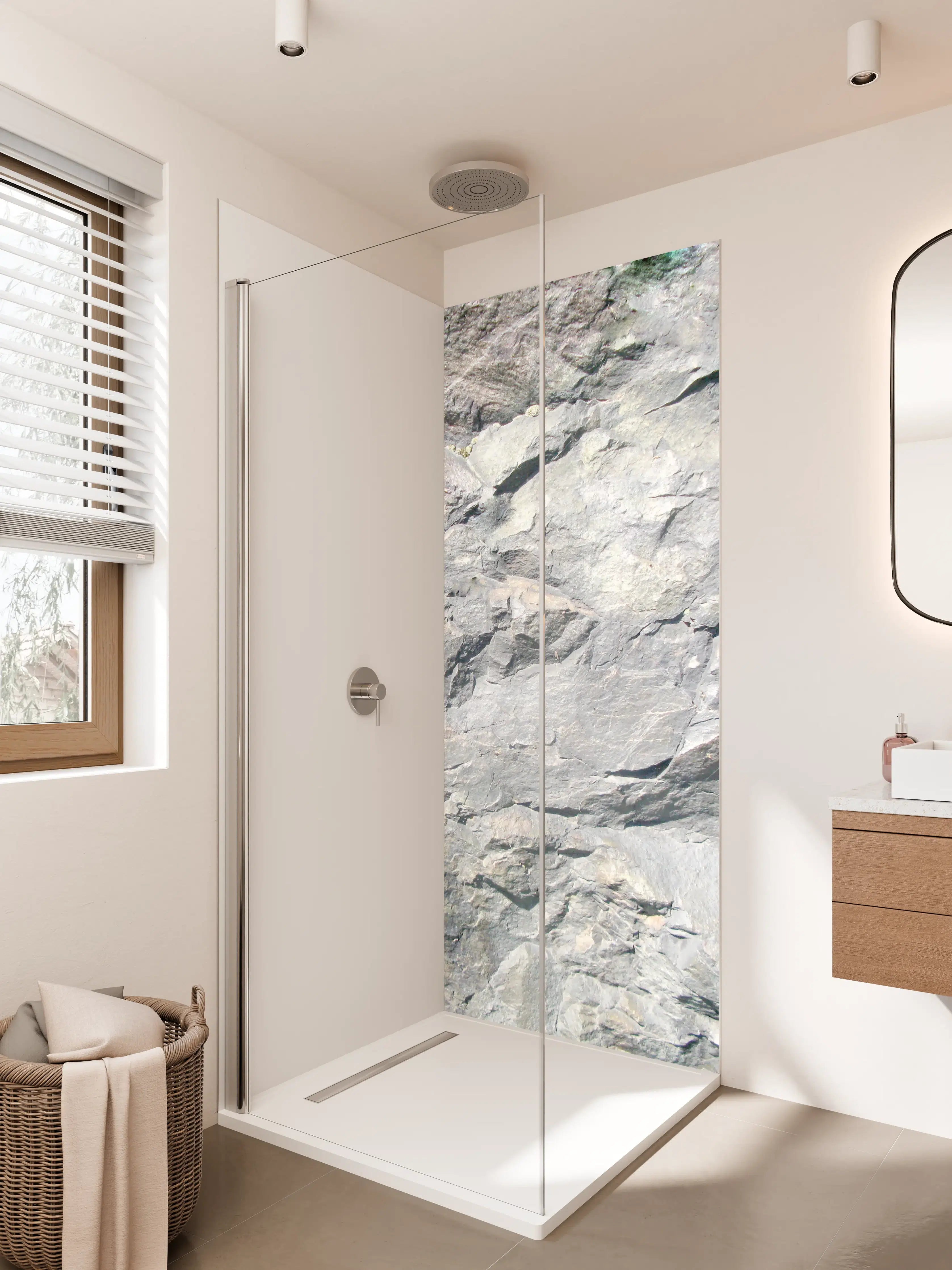 Duschrückwand - Weiße und graue Natursteinwand