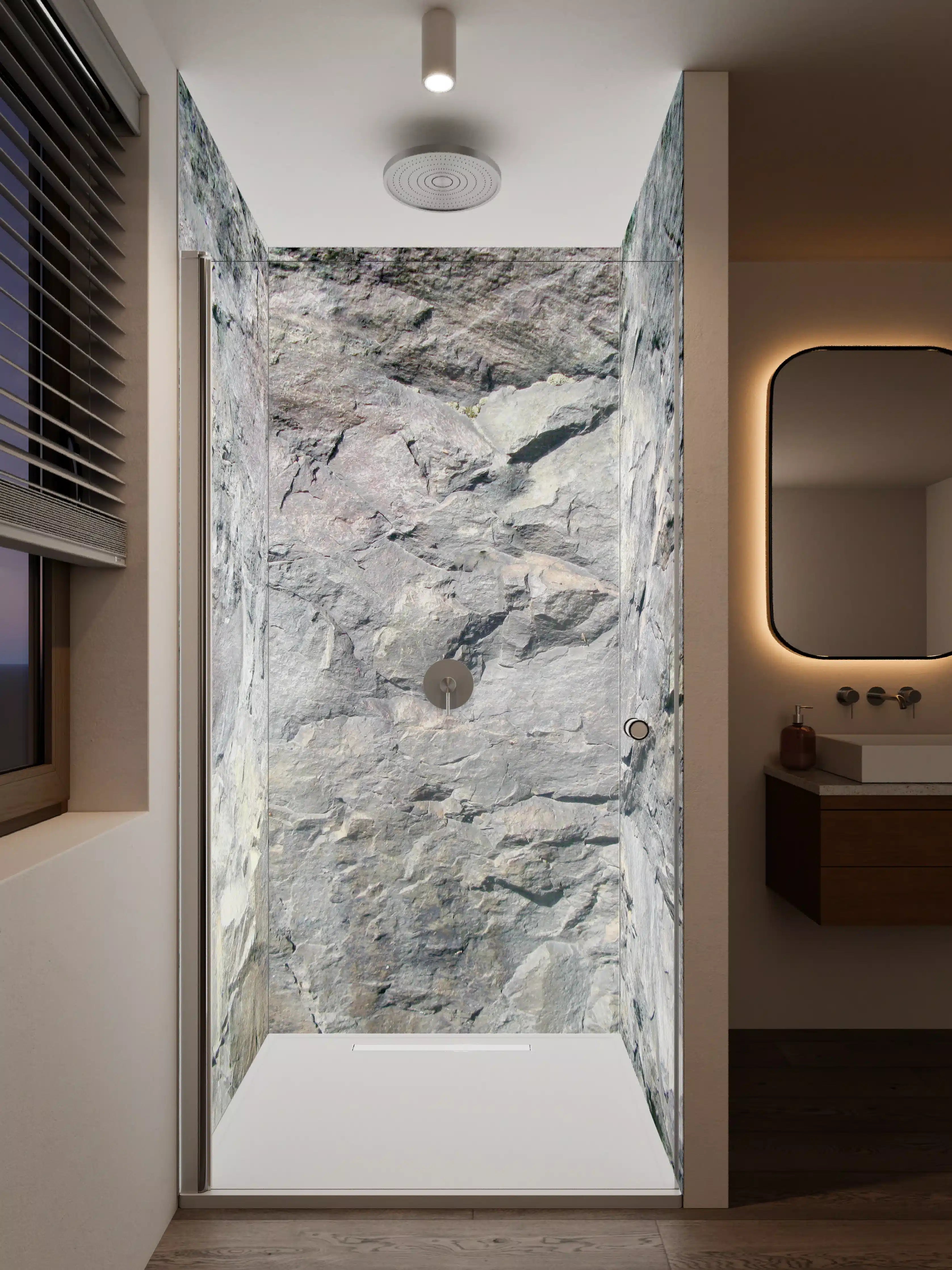 Duschrückwand - Weiße und graue Natursteinwand