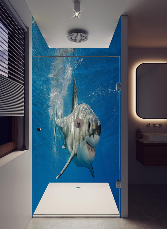 Duschrückwand - Weißer Hai in Unterwasseransicht in hellem Badezimmer mit Regenduschkopf  - zweiteilige Eck-Duschrückwand