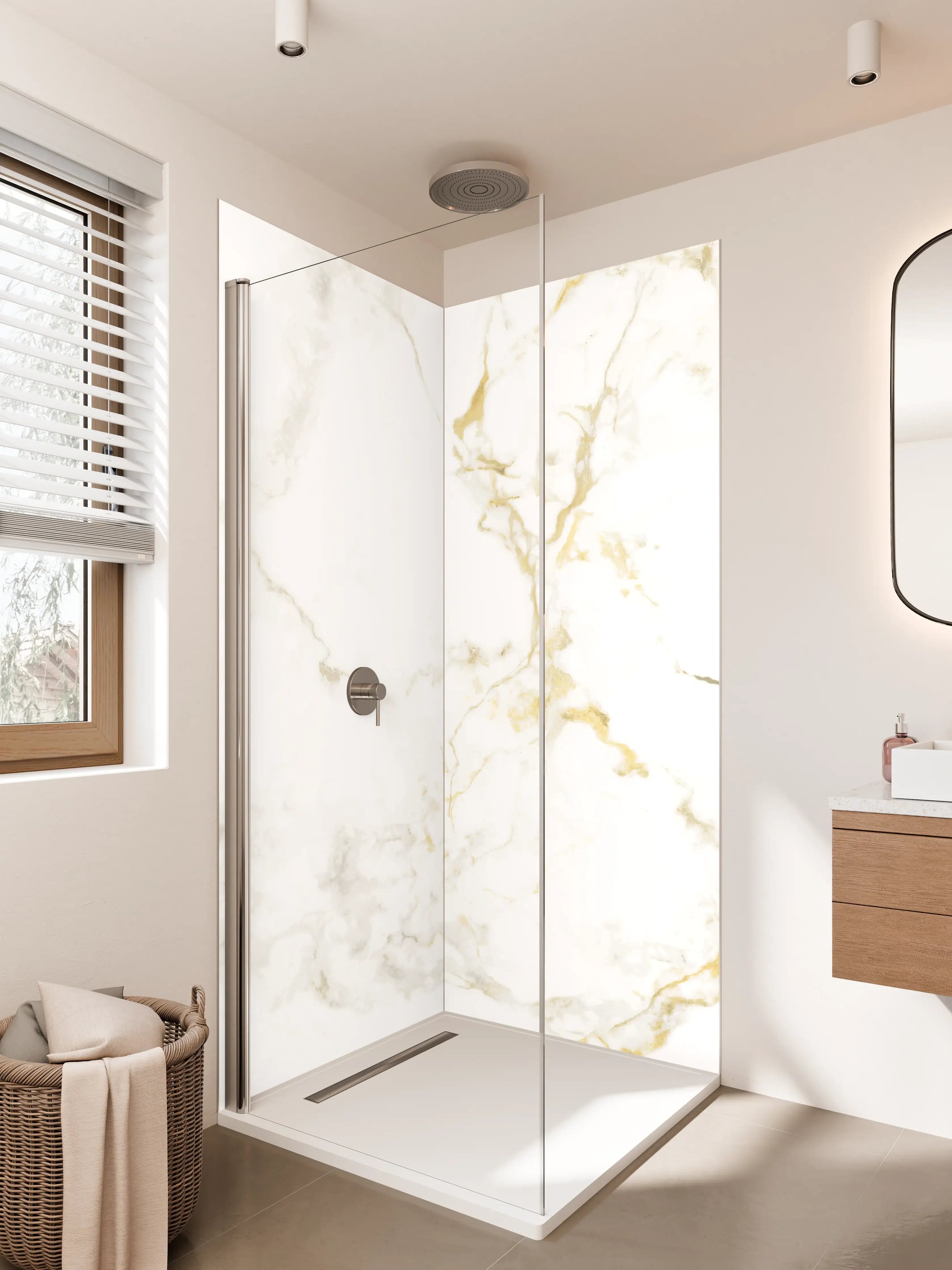 Duschrückwand - Weißer Marmor mit goldenen Nuancen