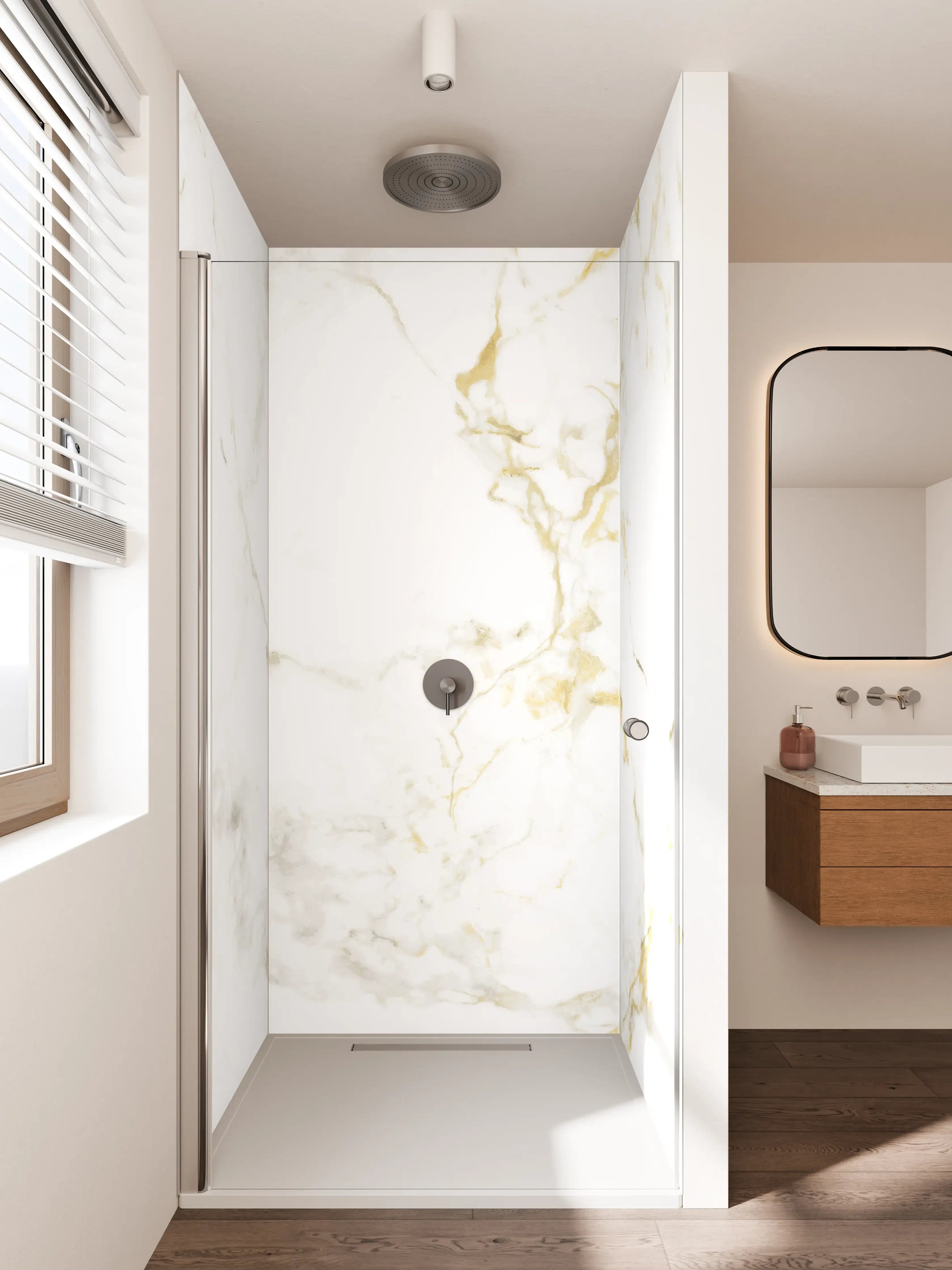 Duschrückwand - Weißer Marmor mit goldenen Nuancen