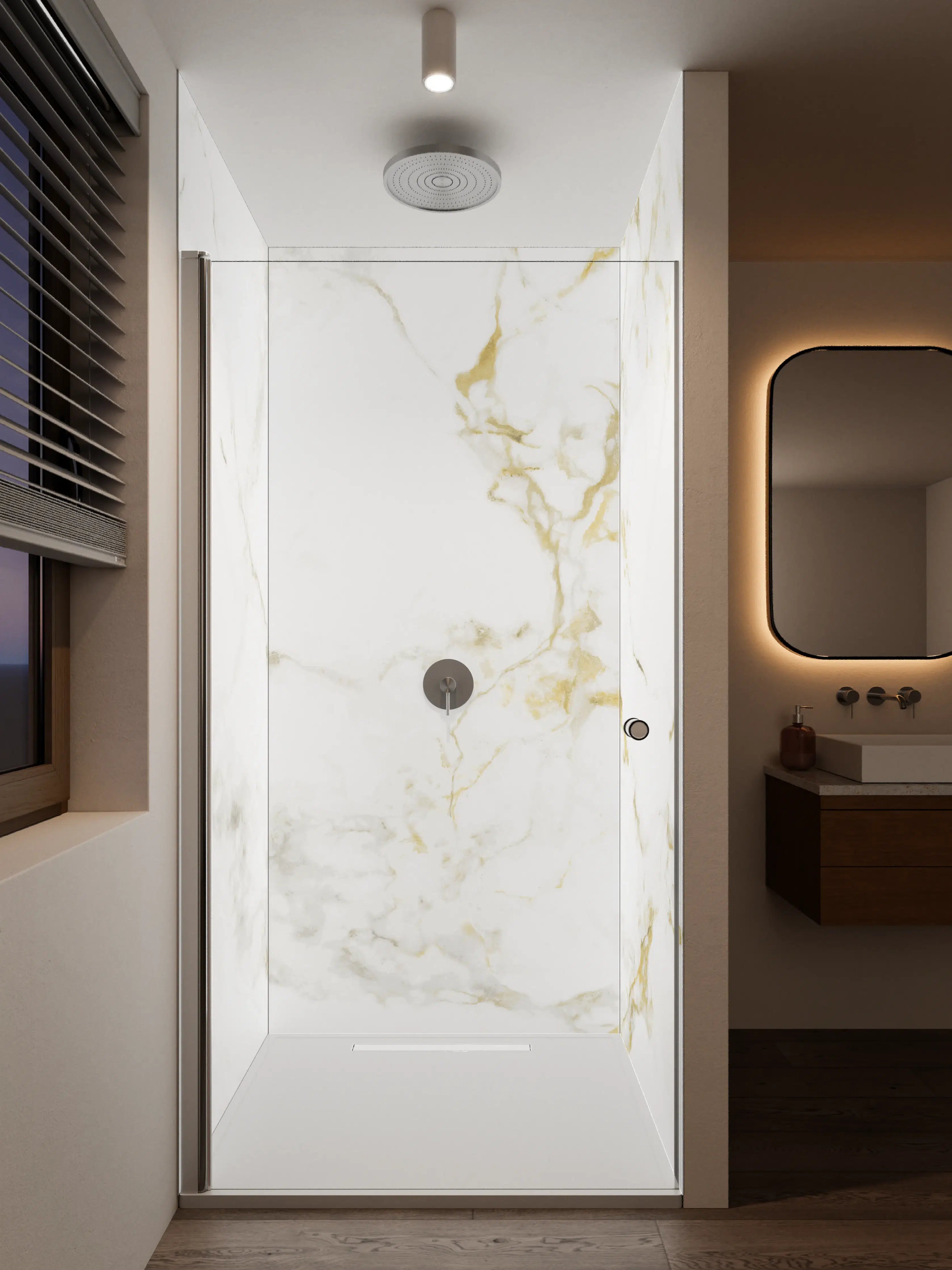 Duschrückwand - Weißer Marmor mit goldenen Nuancen