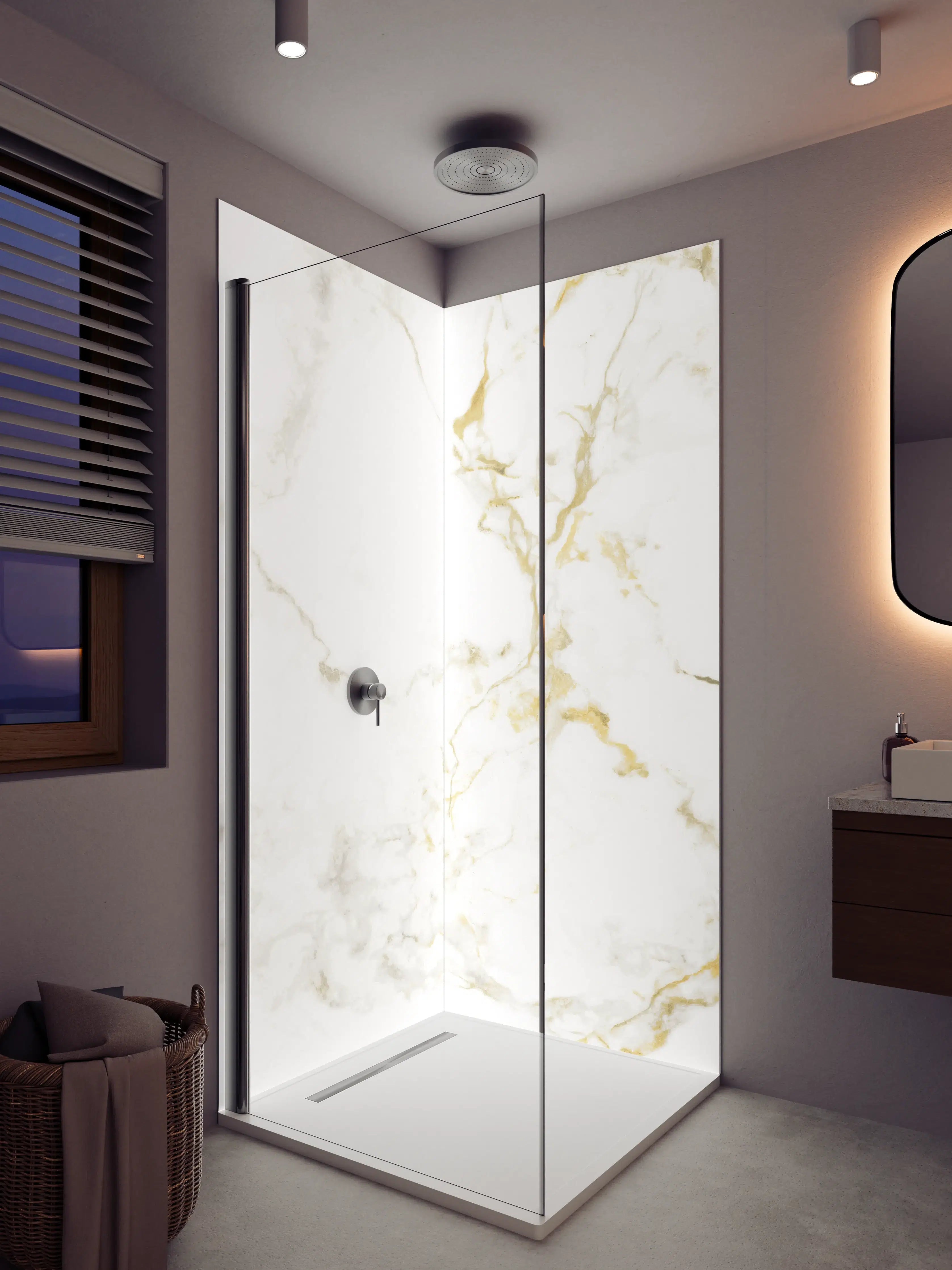 Duschrückwand - Weißer Marmor mit goldenen Nuancen