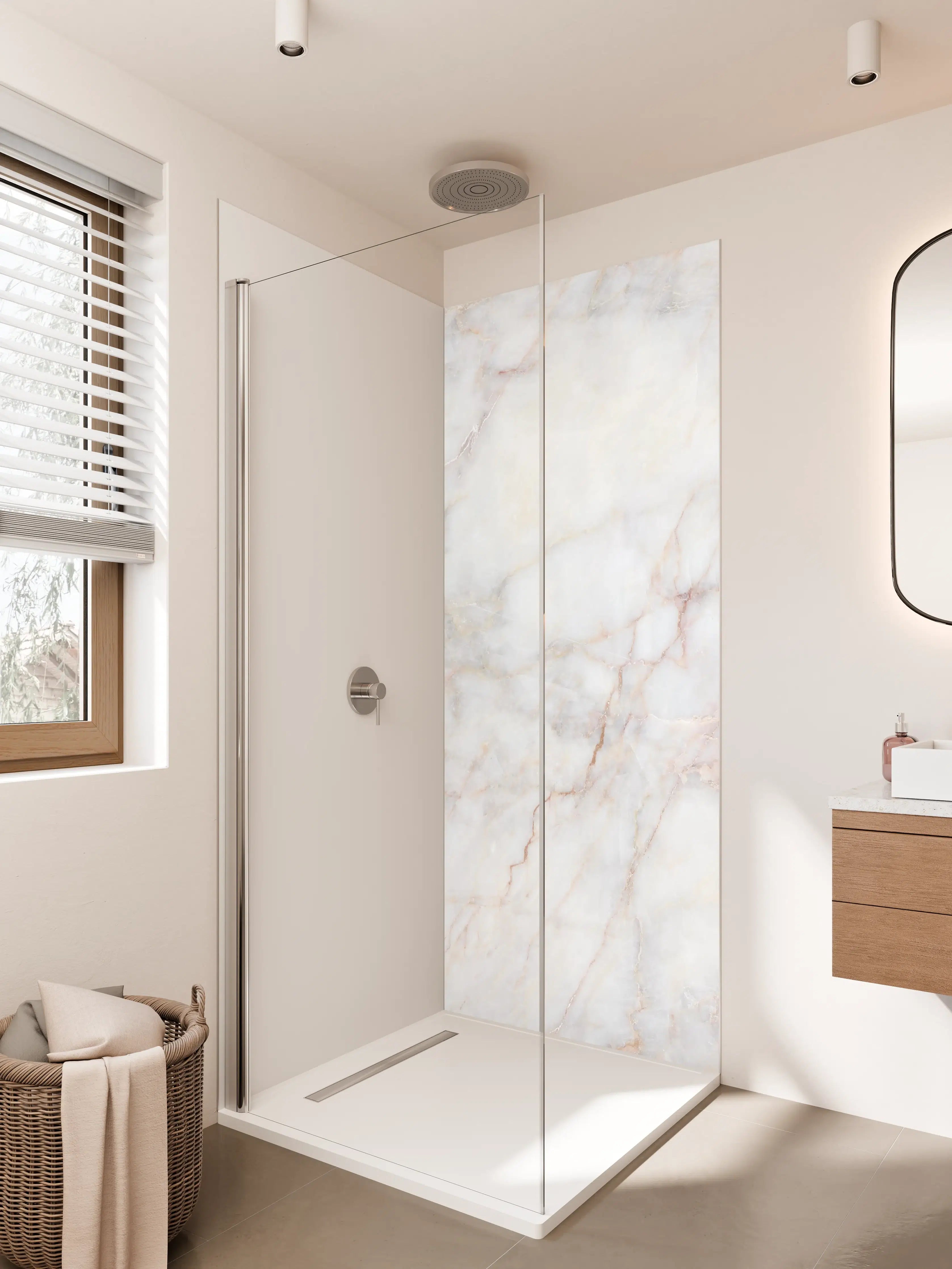 Duschrückwand - Weißer Marmor mit zarten Rosé- und Grautönen