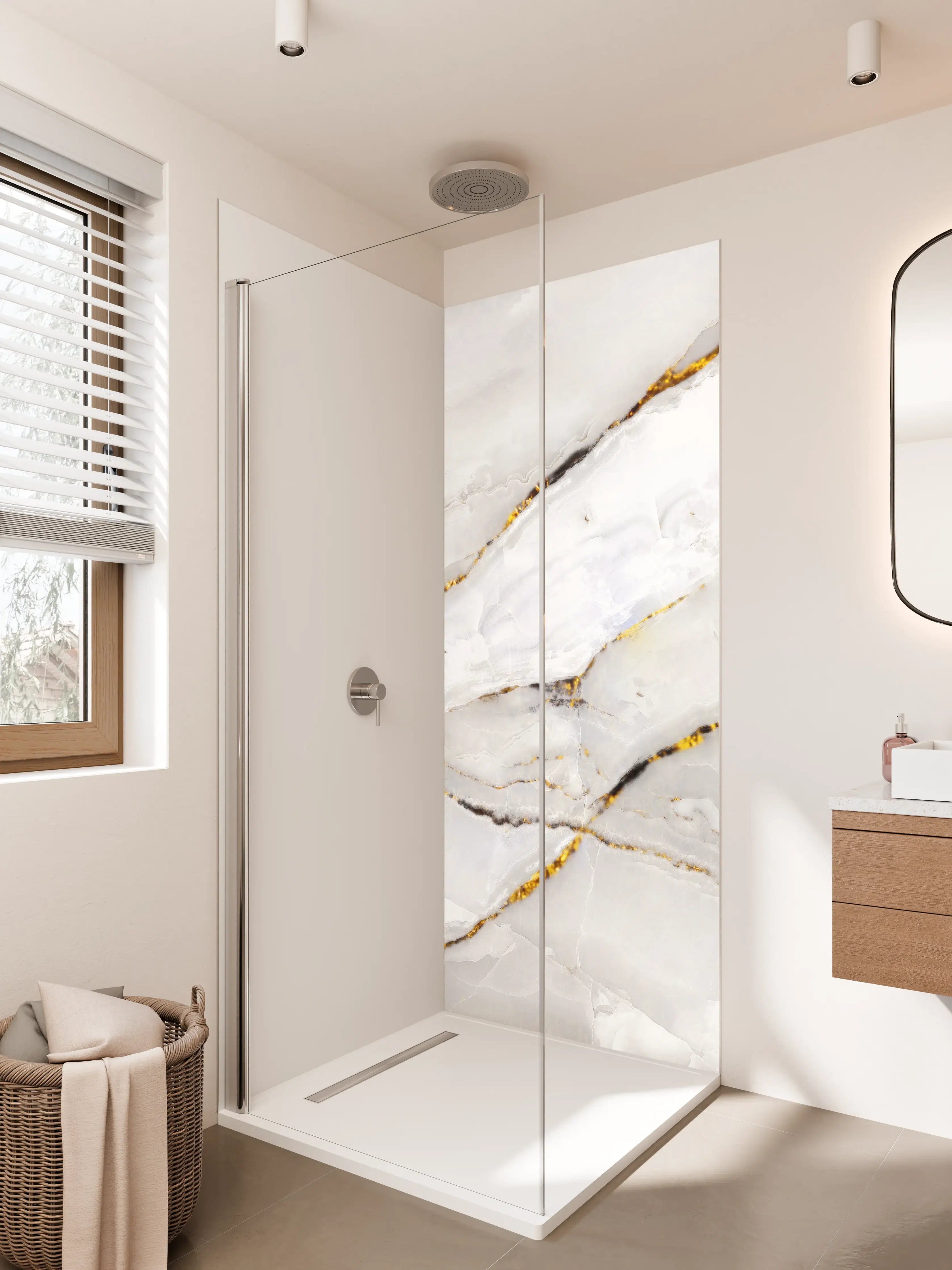 Duschrückwand - Weißer Statuario-Marmor mit goldene Adern