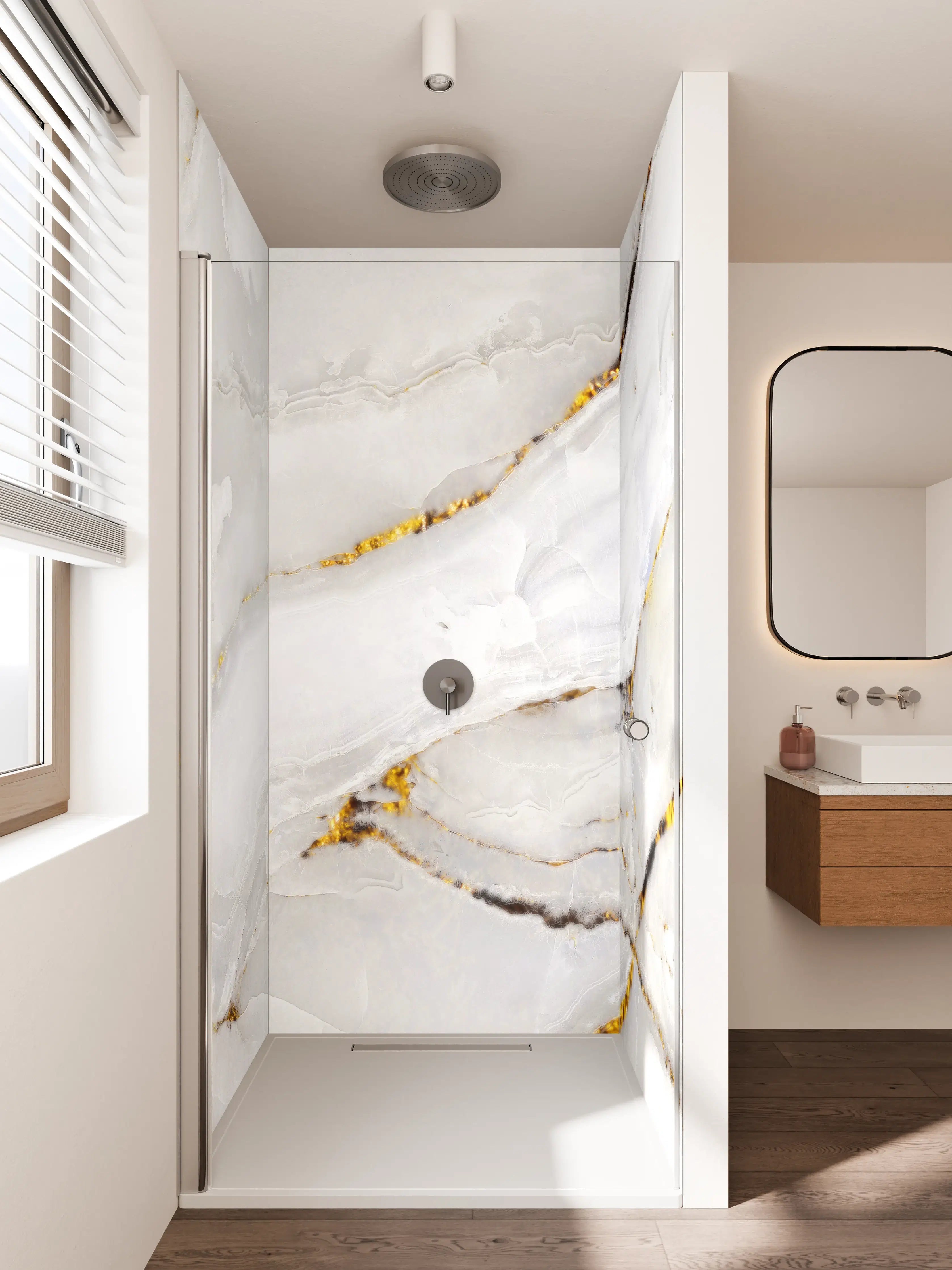 Duschrückwand - Weißer Statuario-Marmor mit goldene Adern