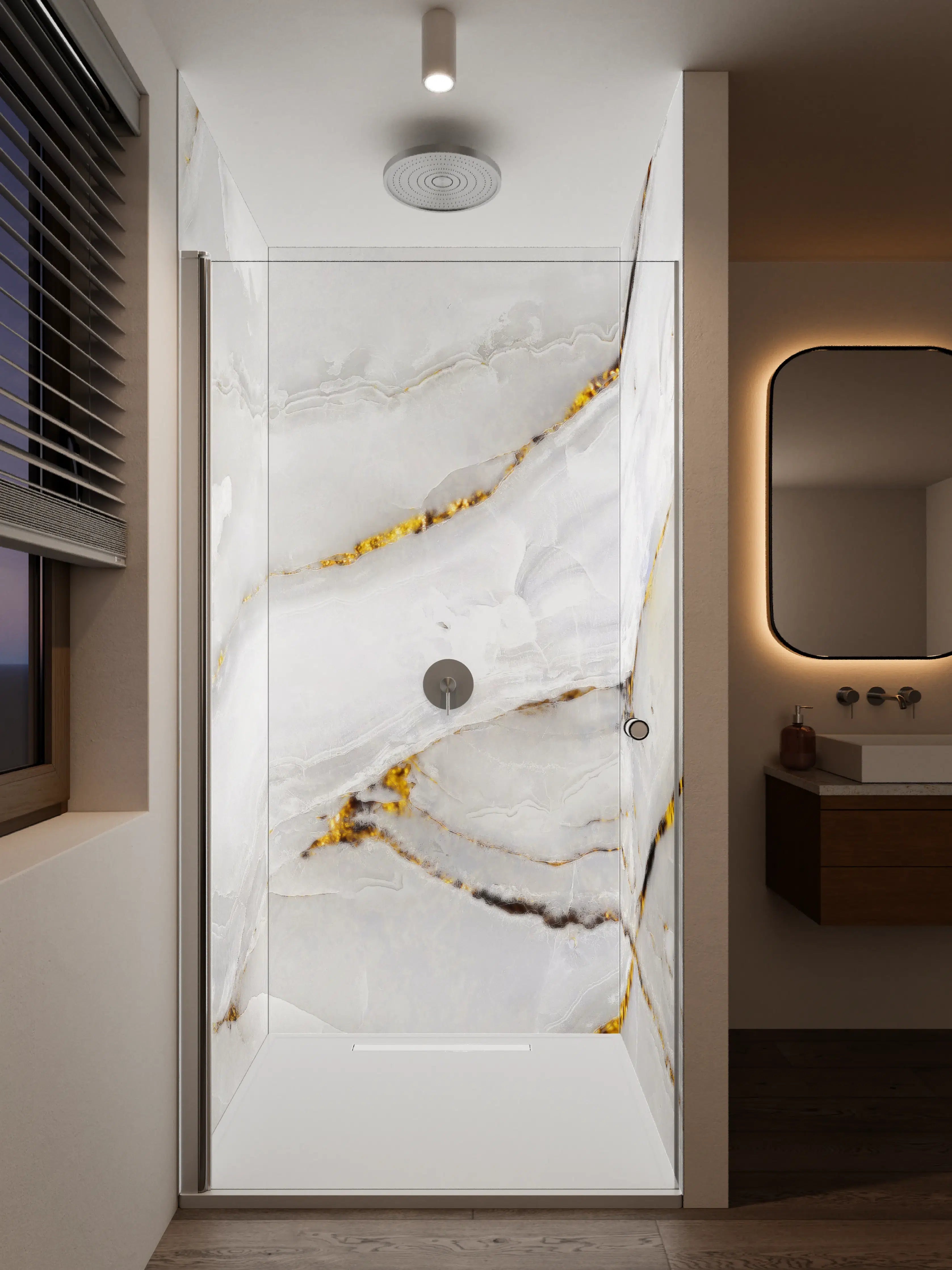 Duschrückwand - Weißer Statuario-Marmor mit goldene Adern