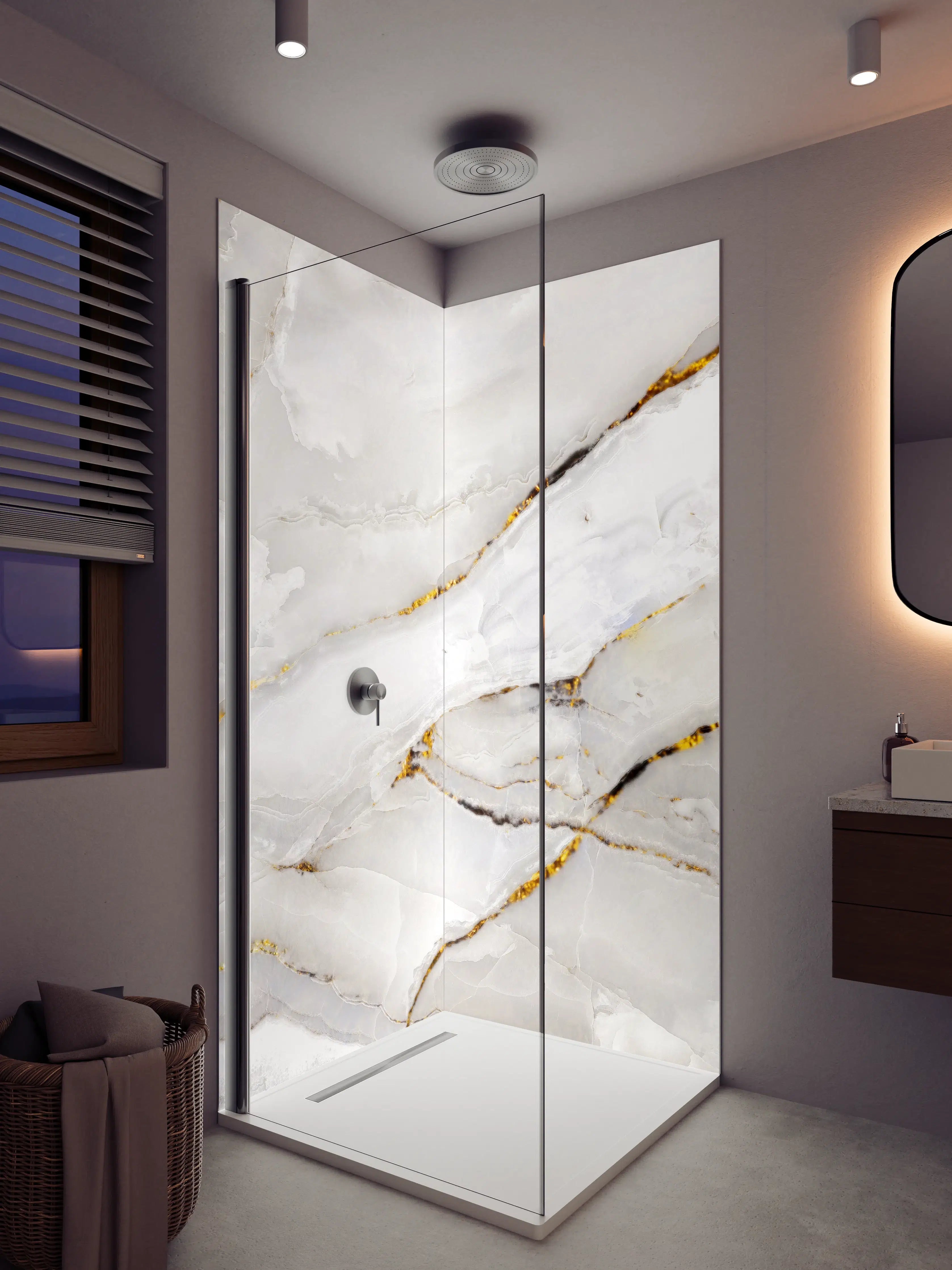 Duschrückwand - Weißer Statuario-Marmor mit goldene Adern