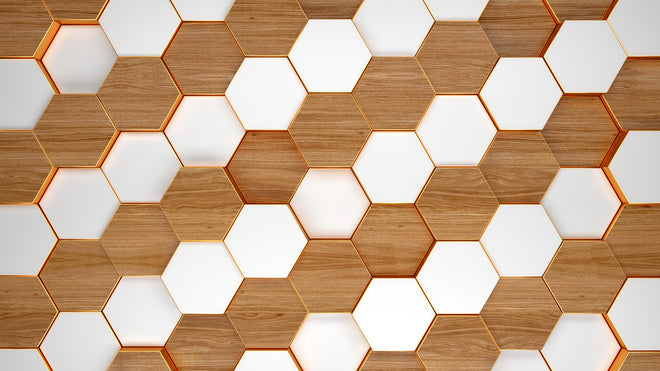 Duschrückwand - Weißes Hexagon Muster mit Holztextur