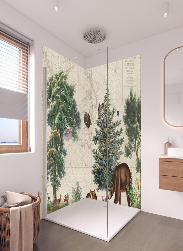 Duschrückwand - Weltkarte mit tropischem Wald in hellem Badezimmer mit Regenduschkopf  - zweiteilige Eck-Duschrückwand
