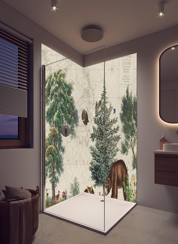Duschrückwand - Weltkarte mit tropischem Wald in hellem Badezimmer mit Regenduschkopf  - zweiteilige Eck-Duschrückwand