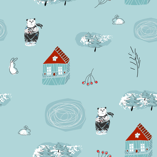 Duschrückwand - Winterliches Kinderzimmer Muster mit Tieren
