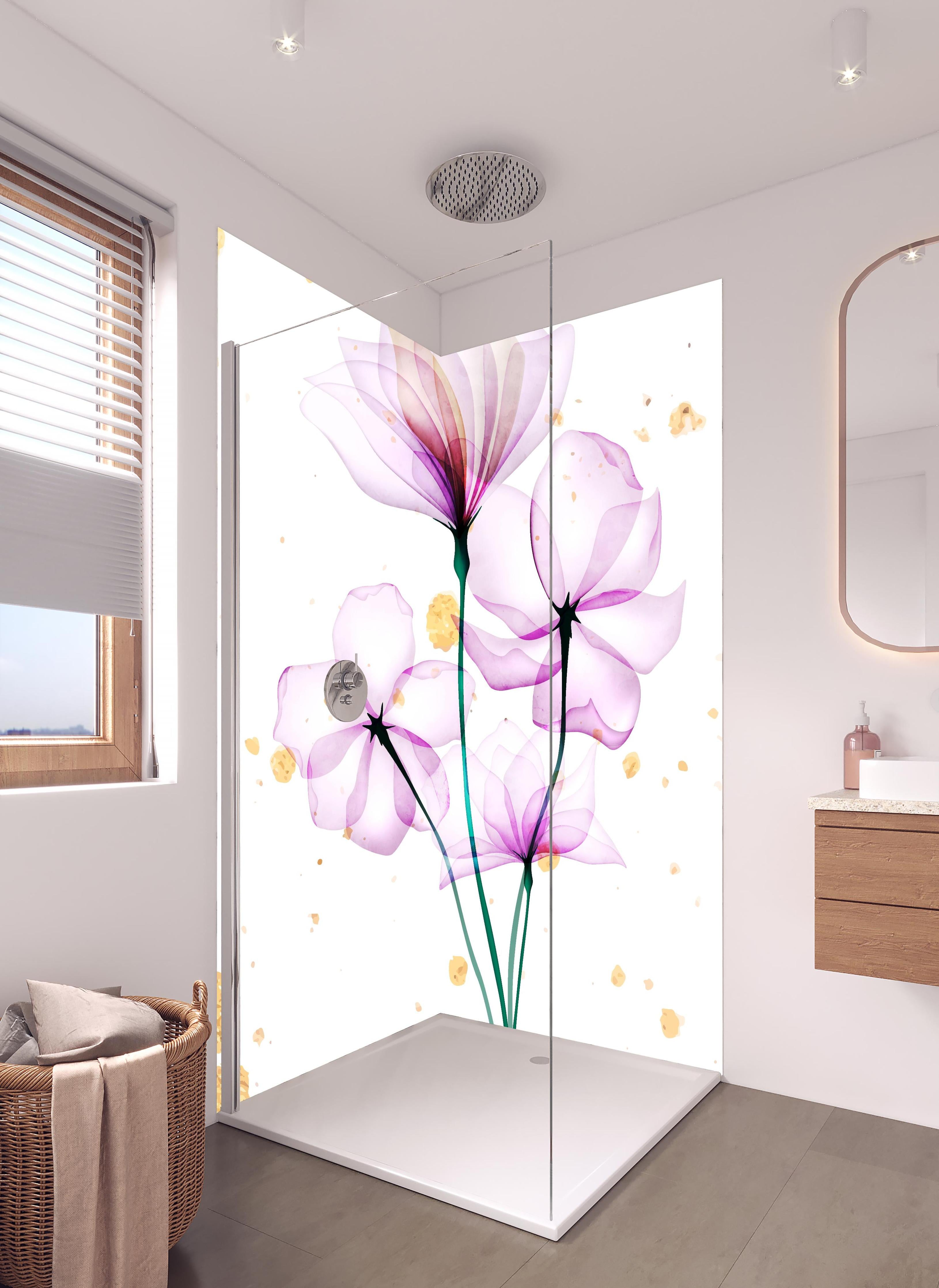 Duschrückwand - Zarte Blüten Aquarell Design Rosa Gold in hellem Badezimmer mit Regenduschkopf  - zweiteilige Eck-Duschrückwand