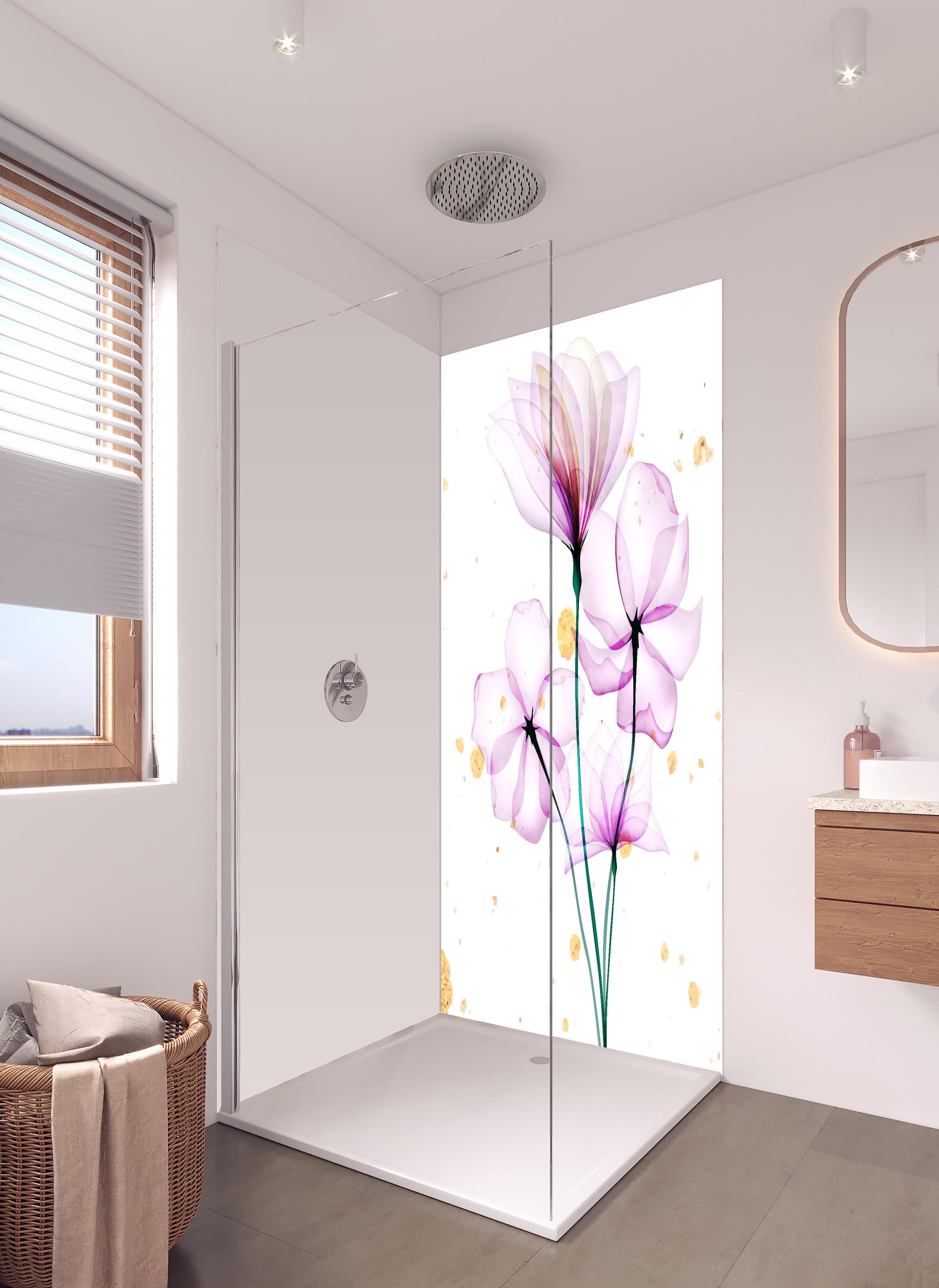 Duschrückwand - Zarte Blüten Aquarell Design Rosa Gold in hellem Badezimmer mit Regenduschkopf  - zweiteilige Eck-Duschrückwand