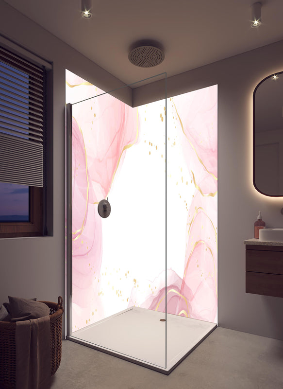 Duschrückwand - Zarte Rosa Blumen mit Goldakzenten Kunst in hellem Badezimmer mit Regenduschkopf  - zweiteilige Eck-Duschrückwand