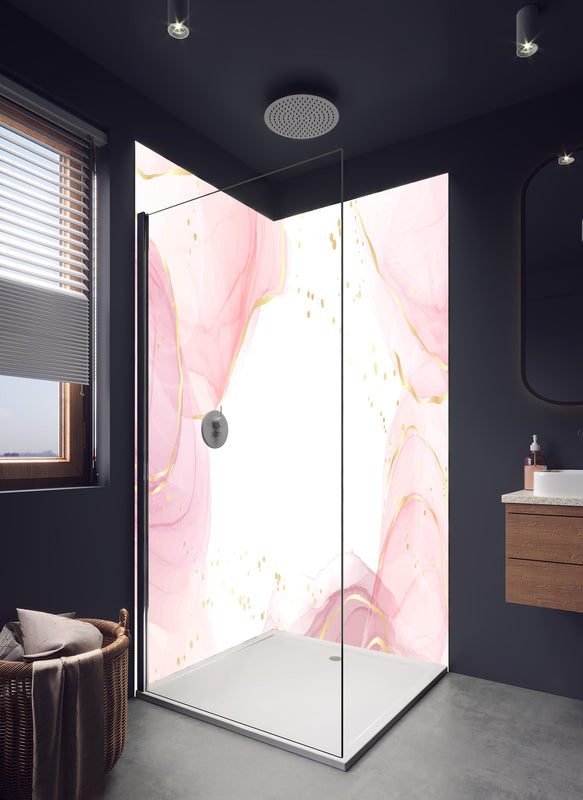 Duschrückwand - Zarte Roséfarbene Abstrakte Komposition in hellem Badezimmer mit Regenduschkopf  - zweiteilige Eck-Duschrückwand