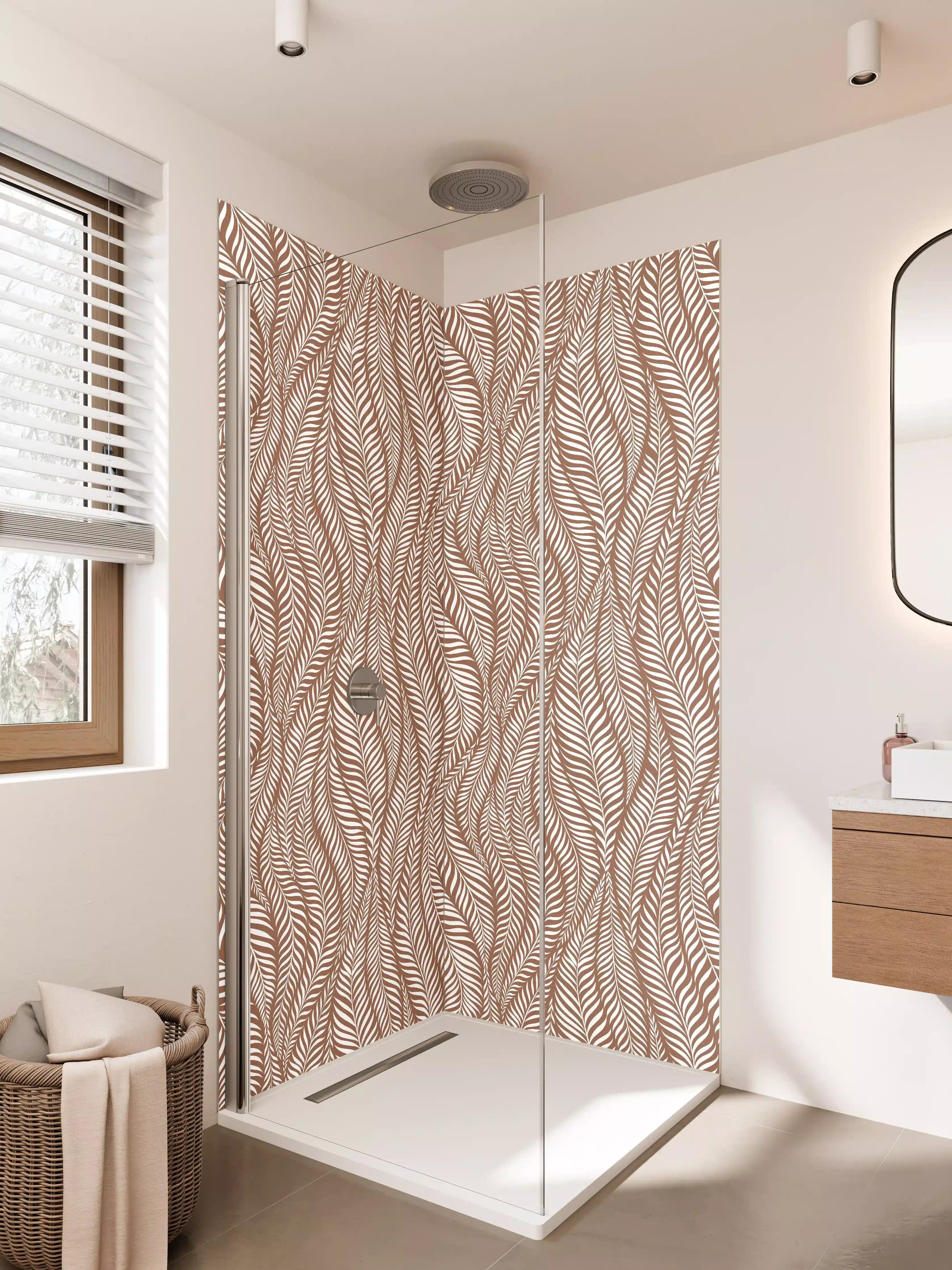 Duschrückwand - Zarte, natürliche Blättermustern in Creme und Braun