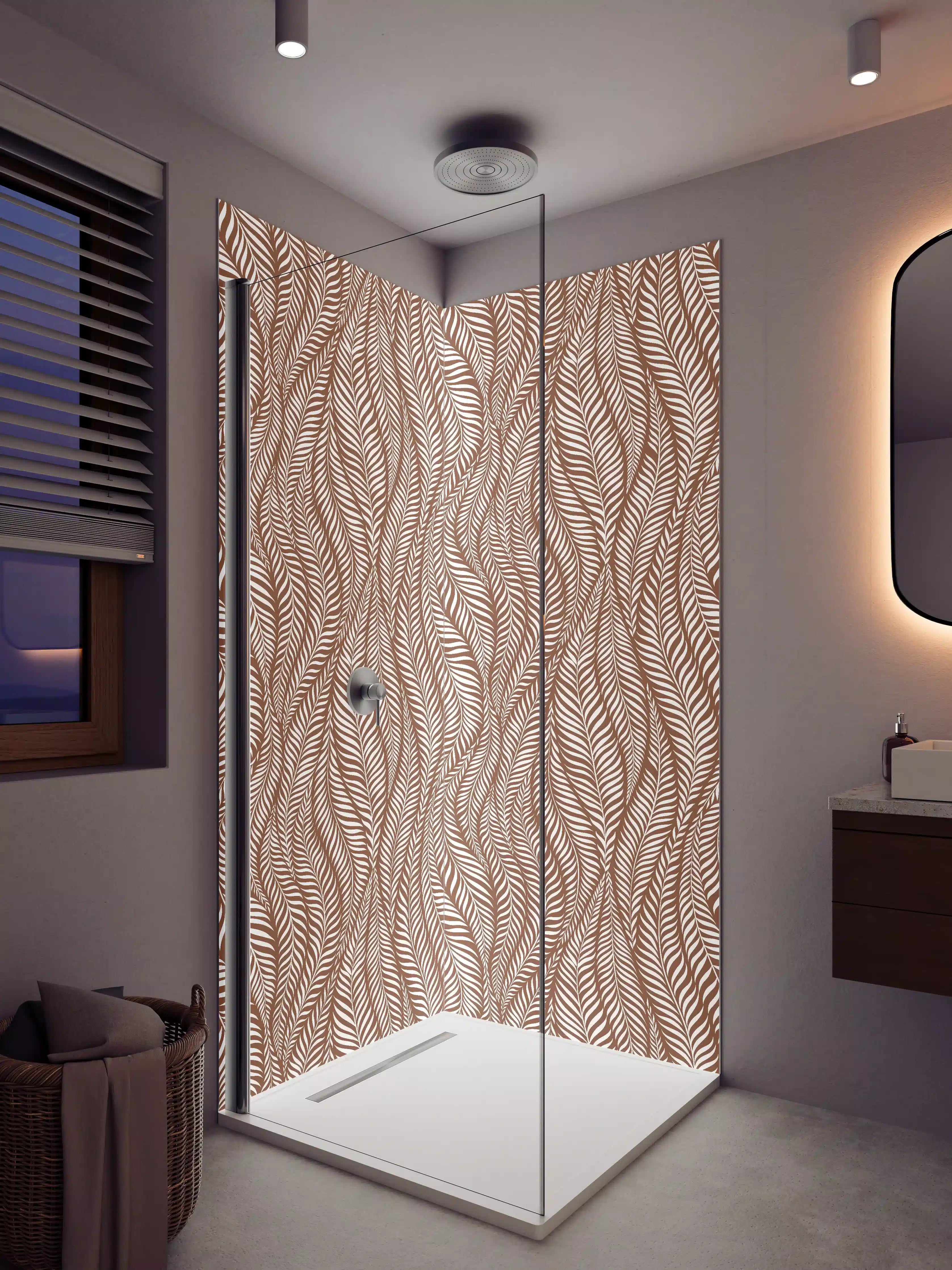 Duschrückwand - Zarte, natürliche Blättermustern in Creme und Braun