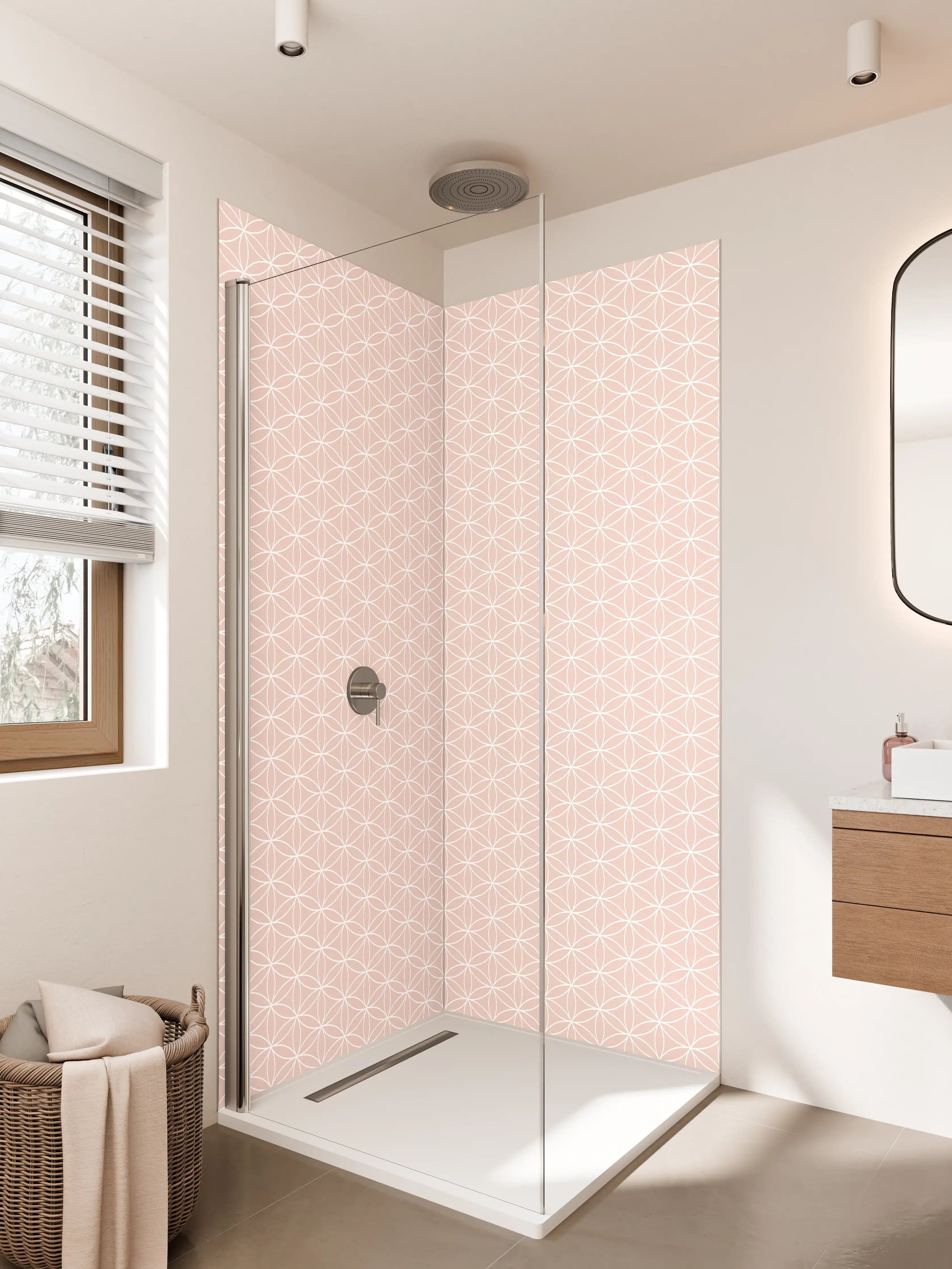 Duschrückwand - Zartes Rosa mit geometrischem Muster, helle Farbpalette