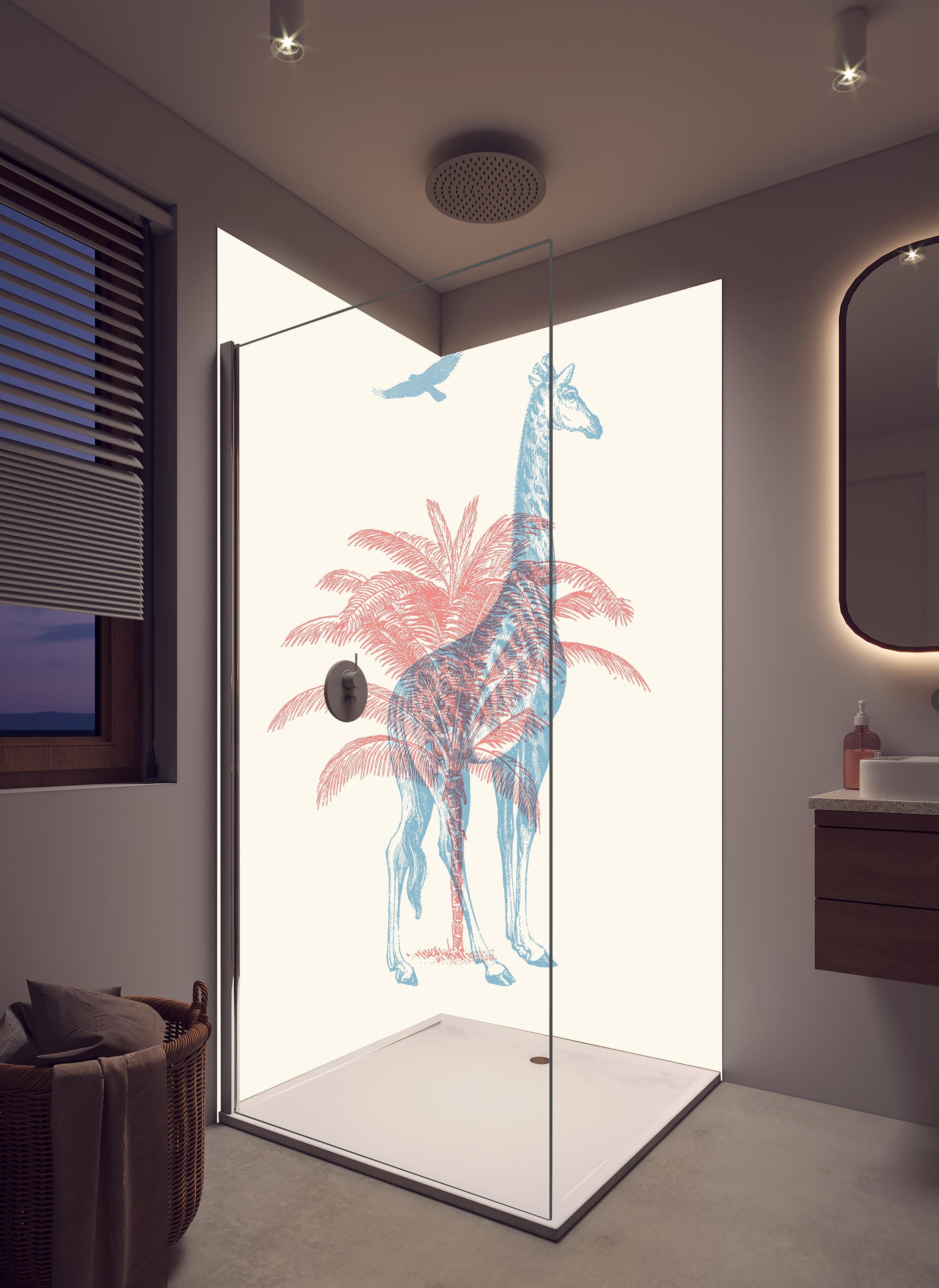 Duschrückwand - Zeichnung einer Giraffe - Moderne Kunst in hellem Badezimmer mit Regenduschkopf  - zweiteilige Eck-Duschrückwand